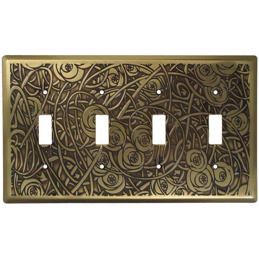 Deco Floral Antique Brass 4 Toggle Switchplate