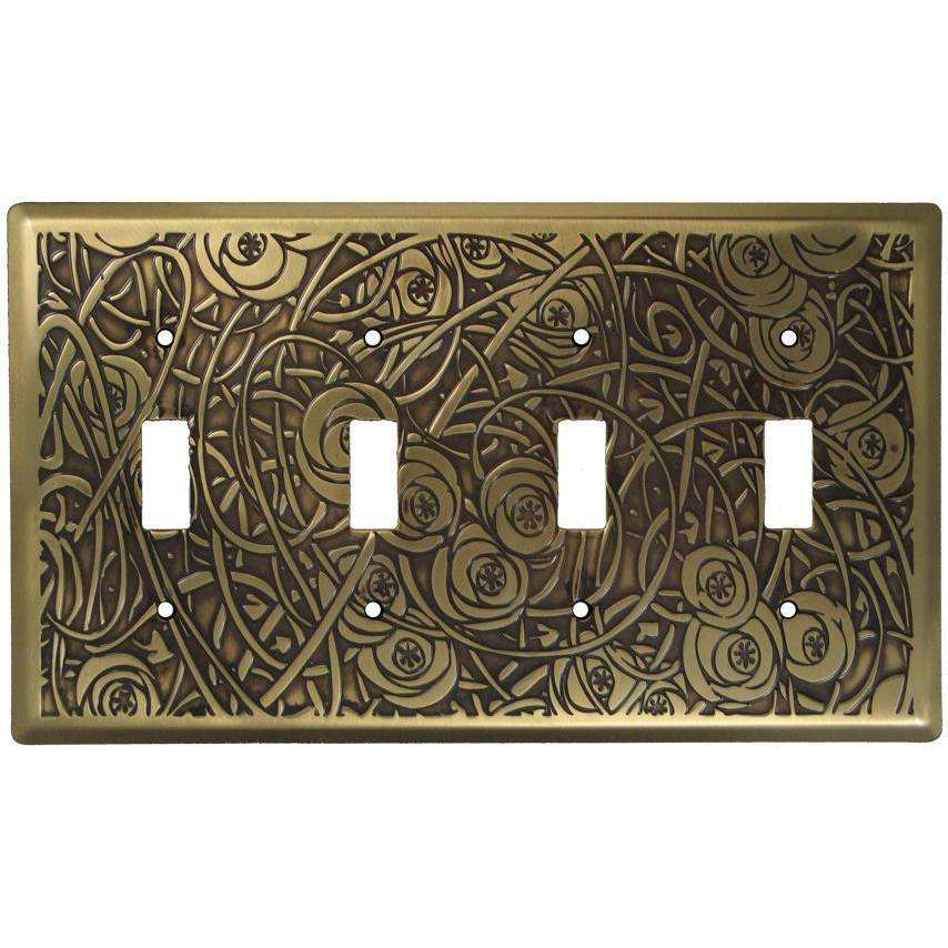 Deco Floral Antique Brass 4 Toggle Switchplate:Wallplatesonline.com