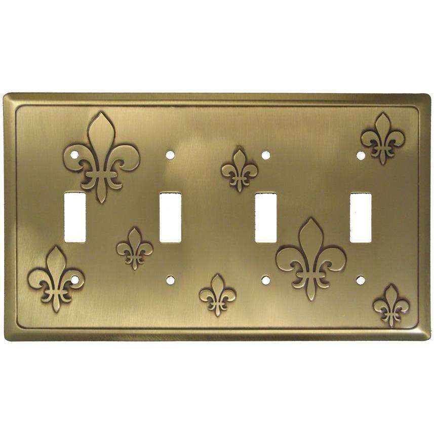 Fleur-de-Lis Antique Brass 4 Toggle Switchplate