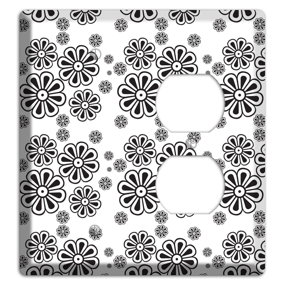 White With Black Small Retro Floral Contour Blank / Duplex Wallplate