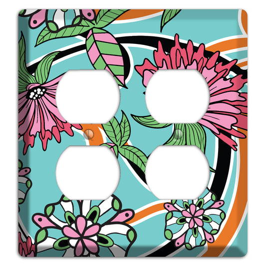 Turquoise with Pink Flowers 2 Duplex Wallplate
