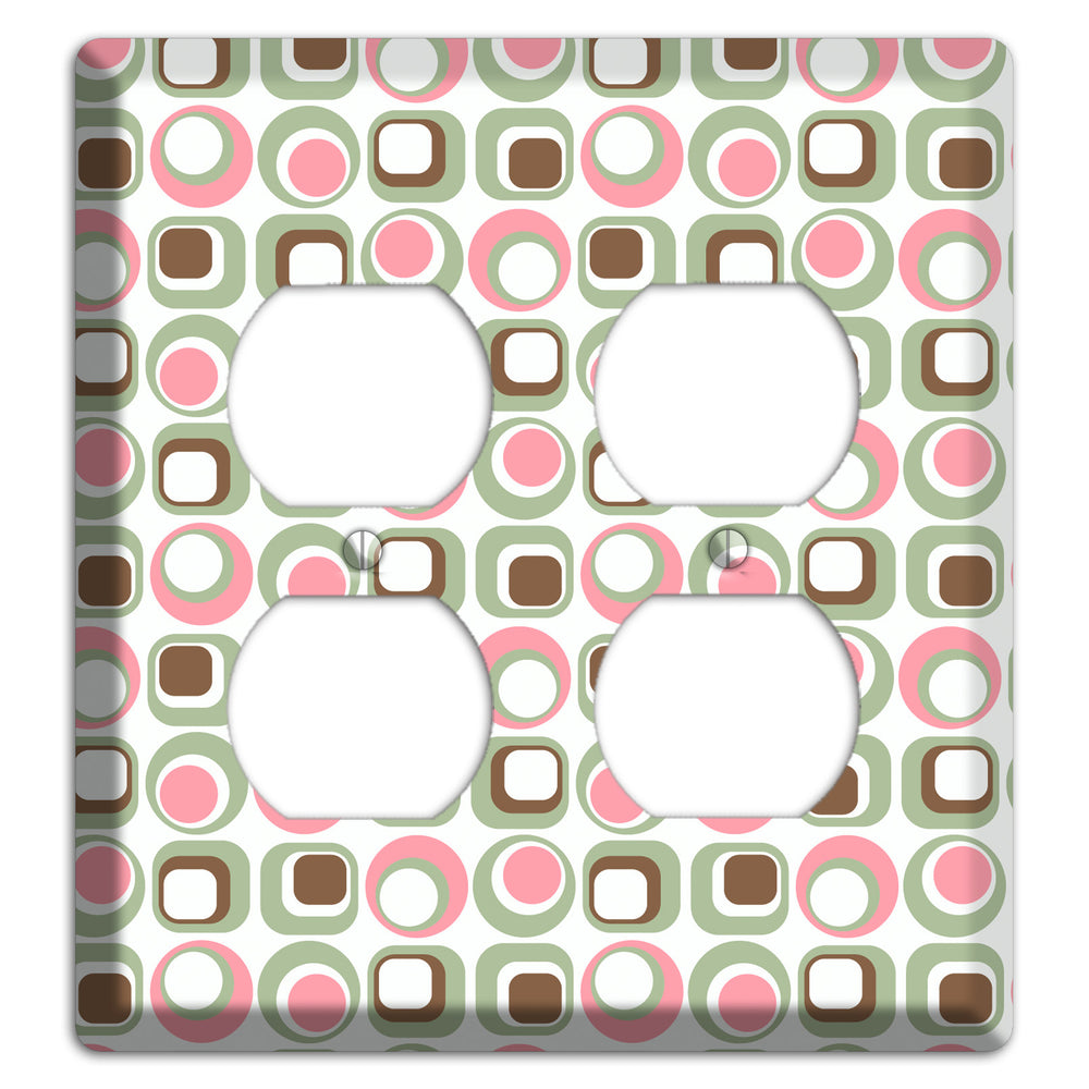 White with Pink Sage Brown Retro Squares and Circles 2 Duplex Wallplate