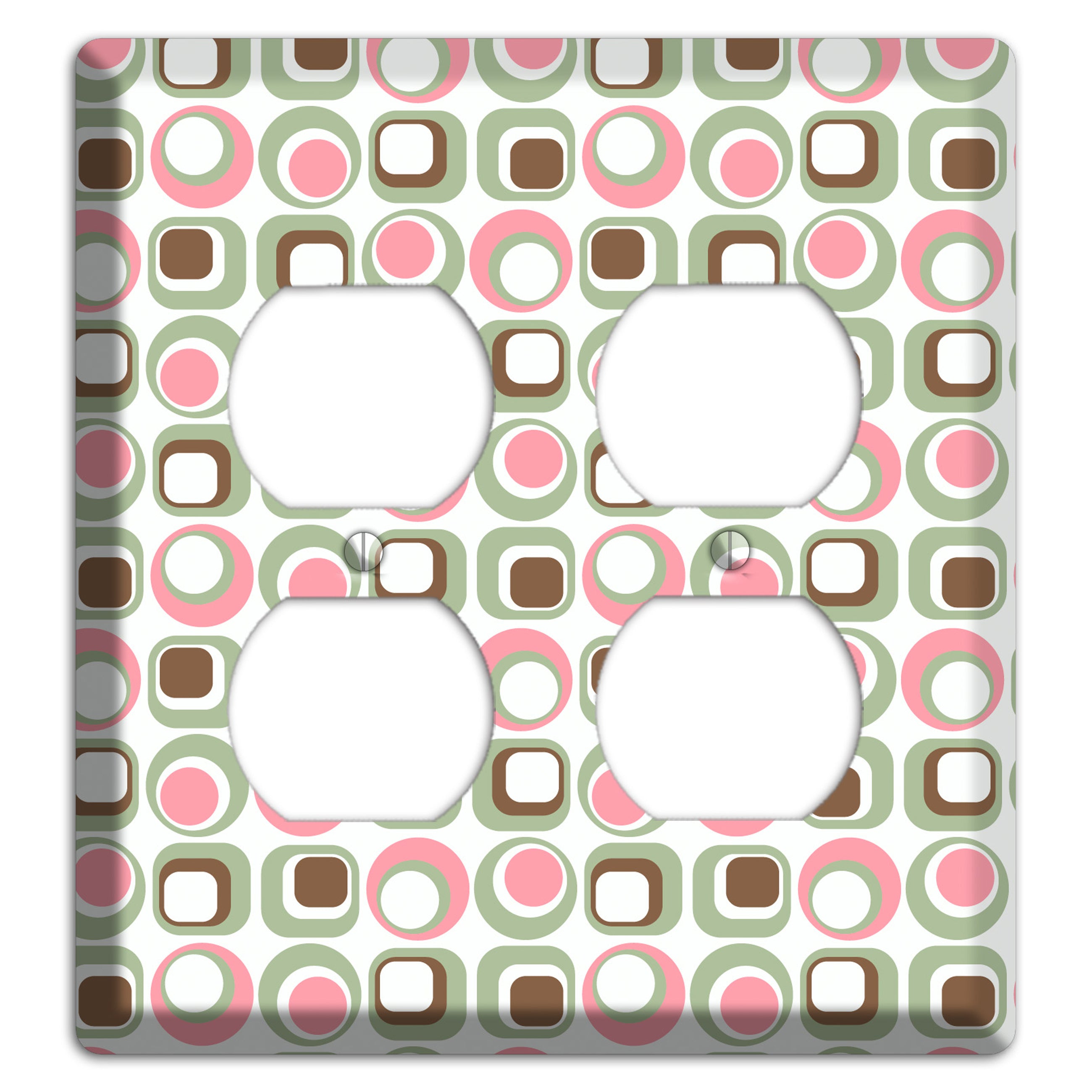 White with Pink Sage Brown Retro Squares and Circles 2 Duplex Wallplate