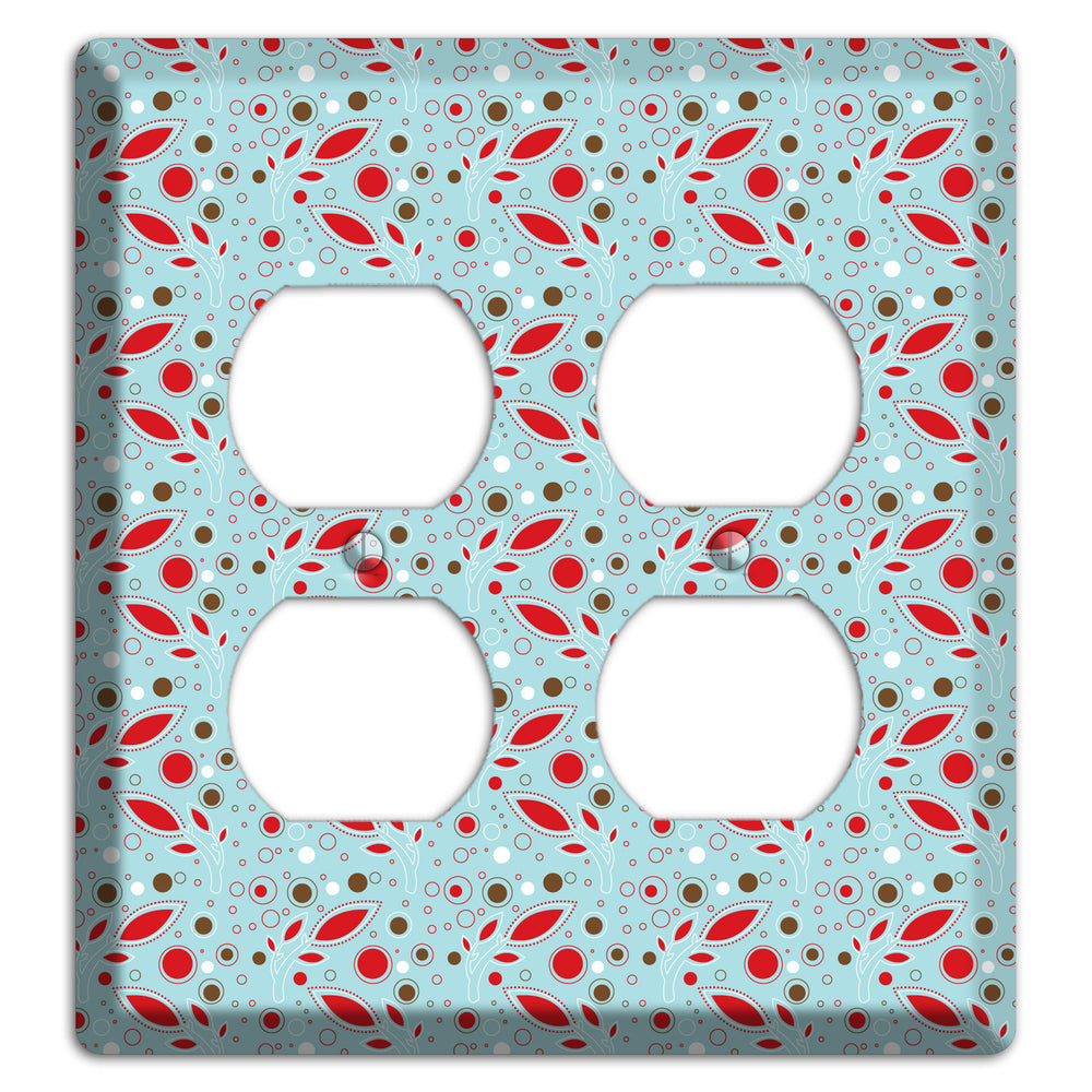 Dusty Blue with Red and Brown Retro Sprig 2 Duplex Wallplate