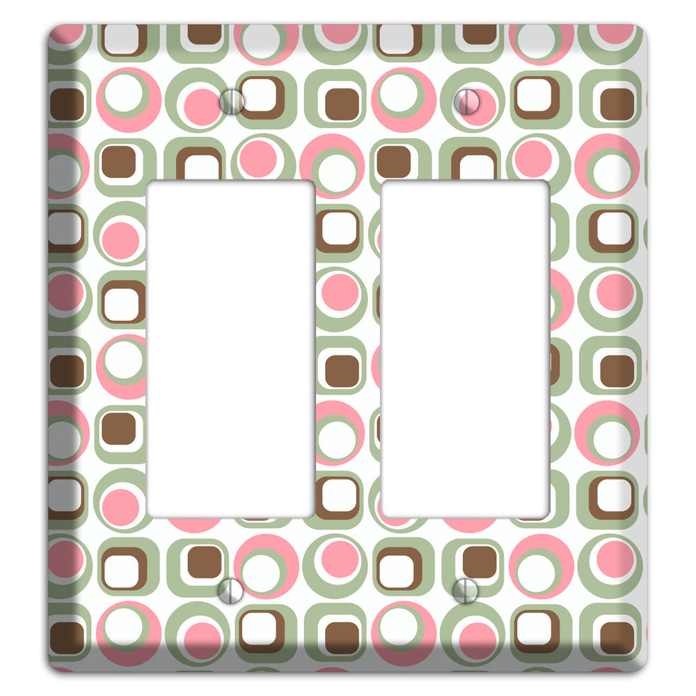 White with Pink Sage Brown Retro Squares and Circles 2 Rocker Wallplate
