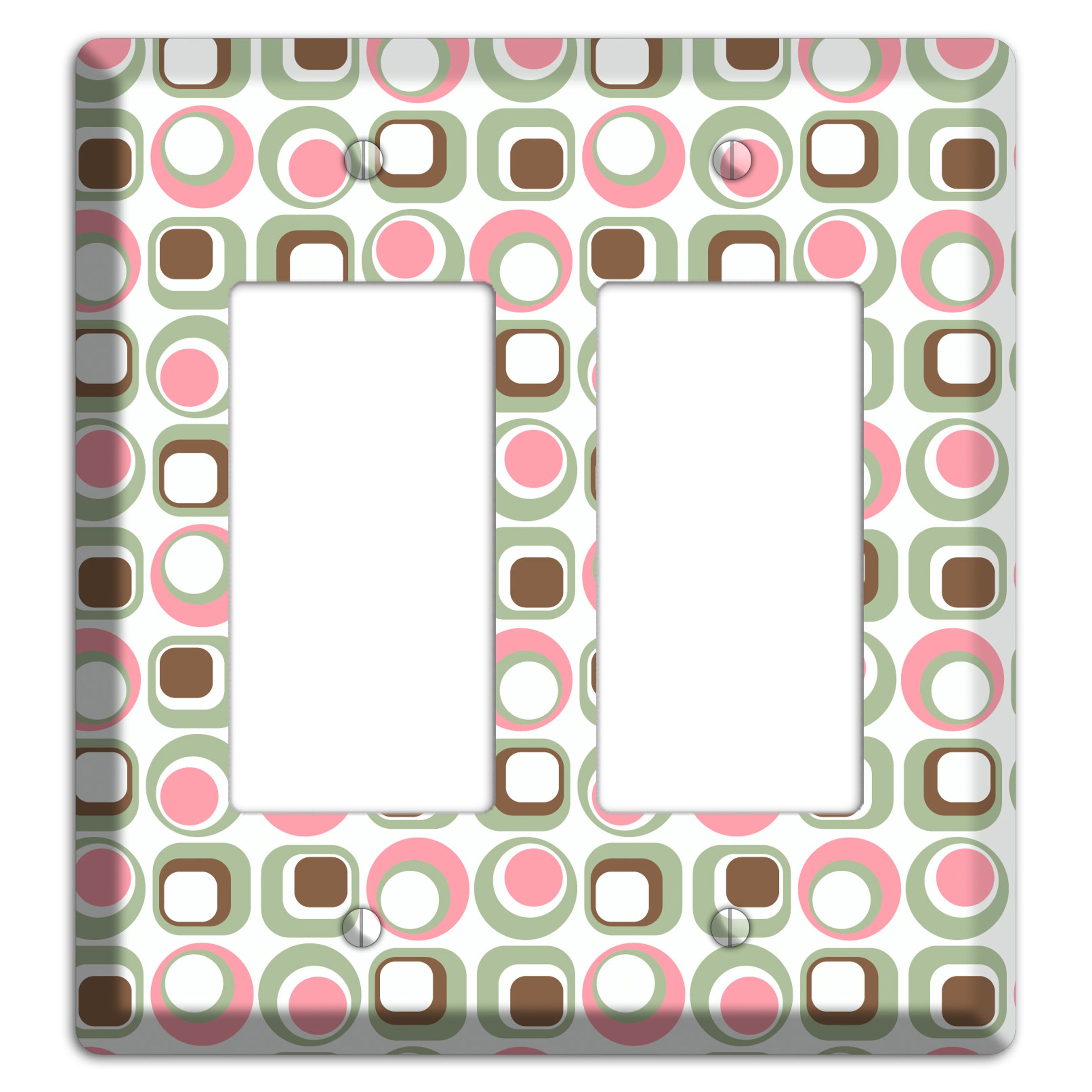 White with Pink Sage Brown Retro Squares and Circles 2 Rocker Wallplate