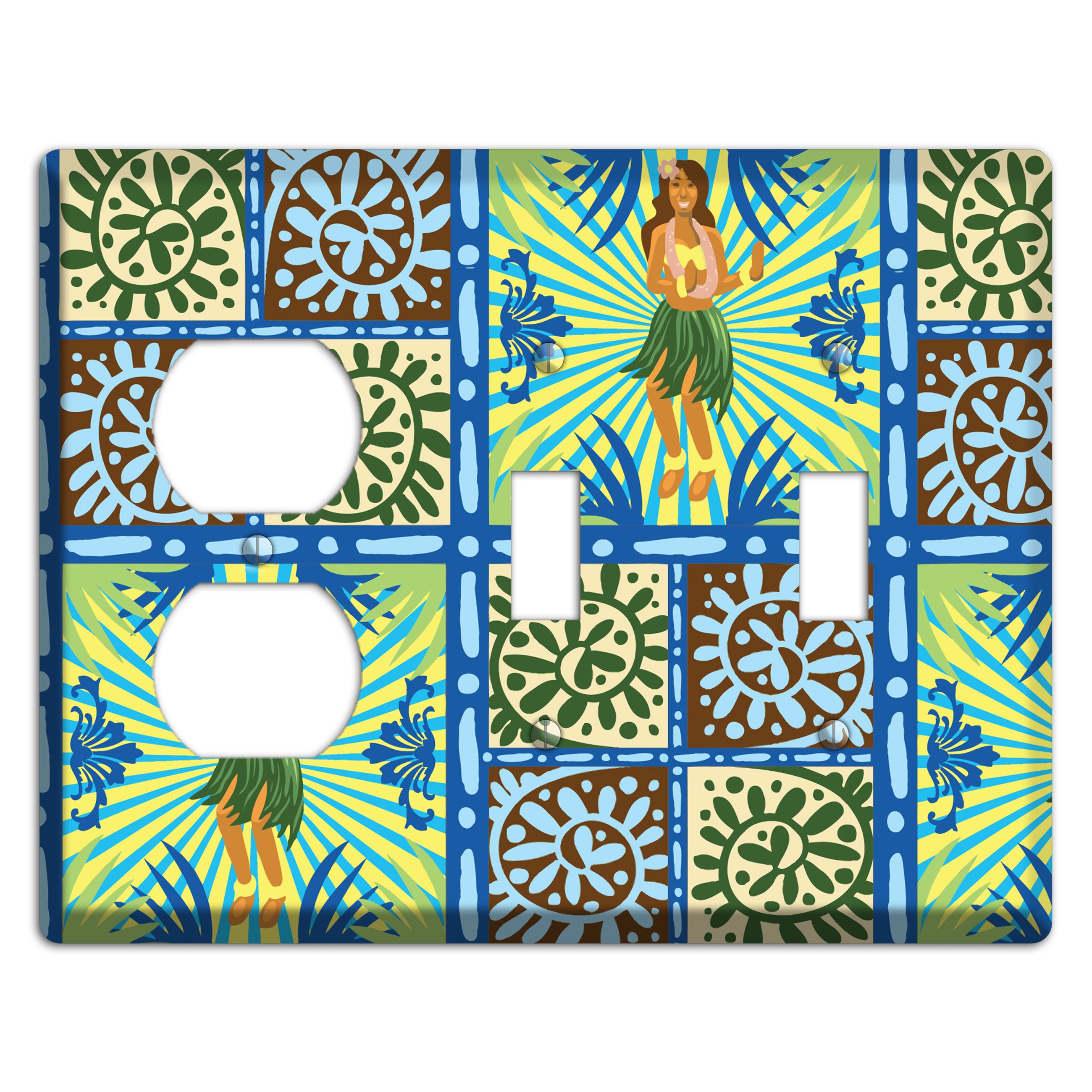 Blue and Green Hula Duplex / 2 Toggle Wallplate