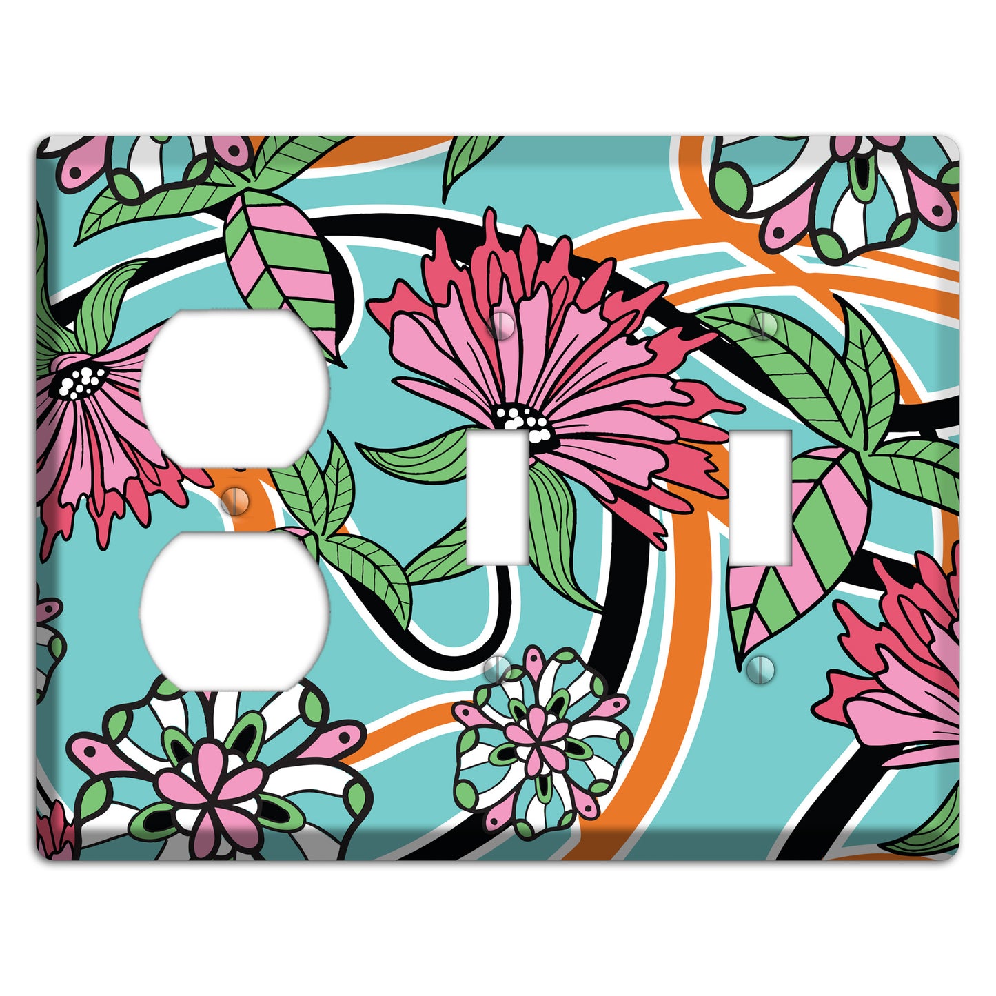 Turquoise with Pink Flowers Duplex / 2 Toggle Wallplate