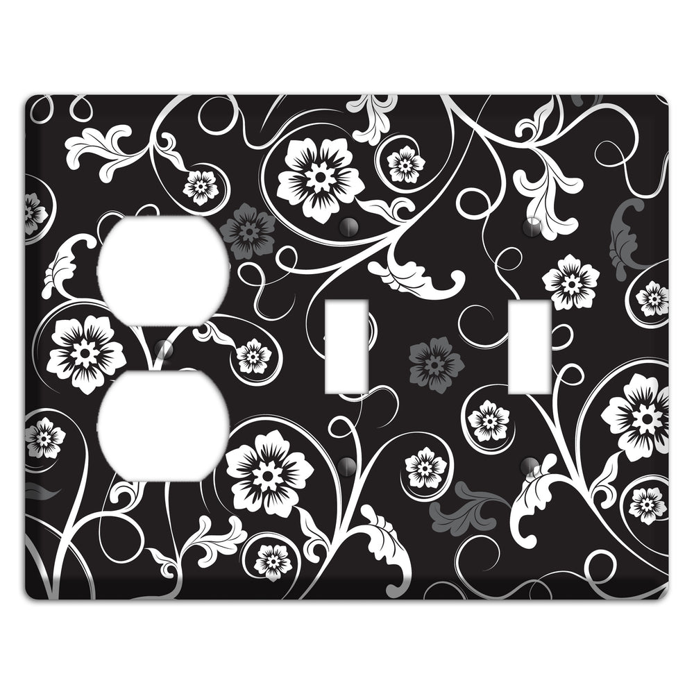 Black with White Flower Sprig Duplex / 2 Toggle Wallplate
