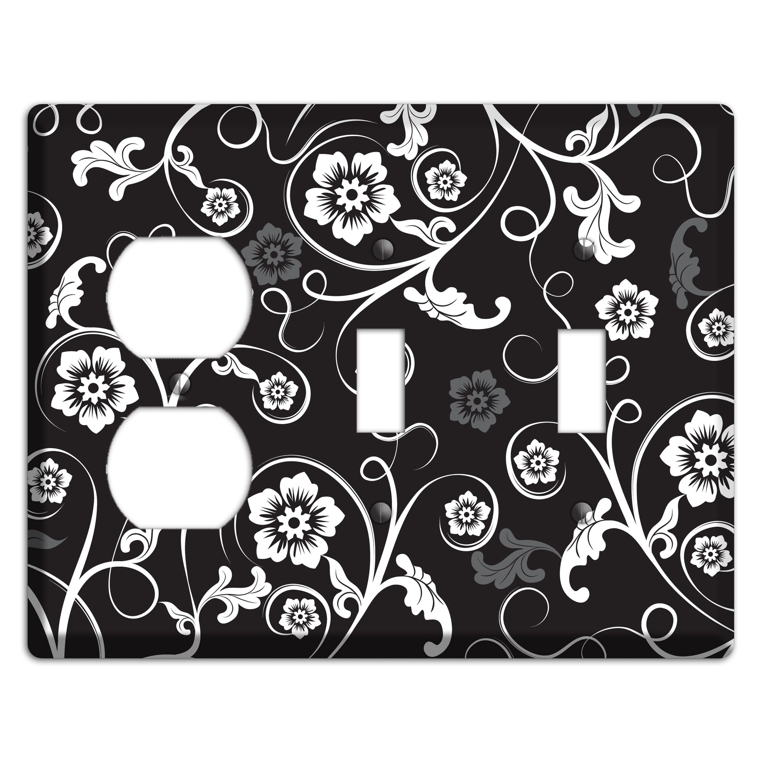 Black with White Flower Sprig Duplex / 2 Toggle Wallplate