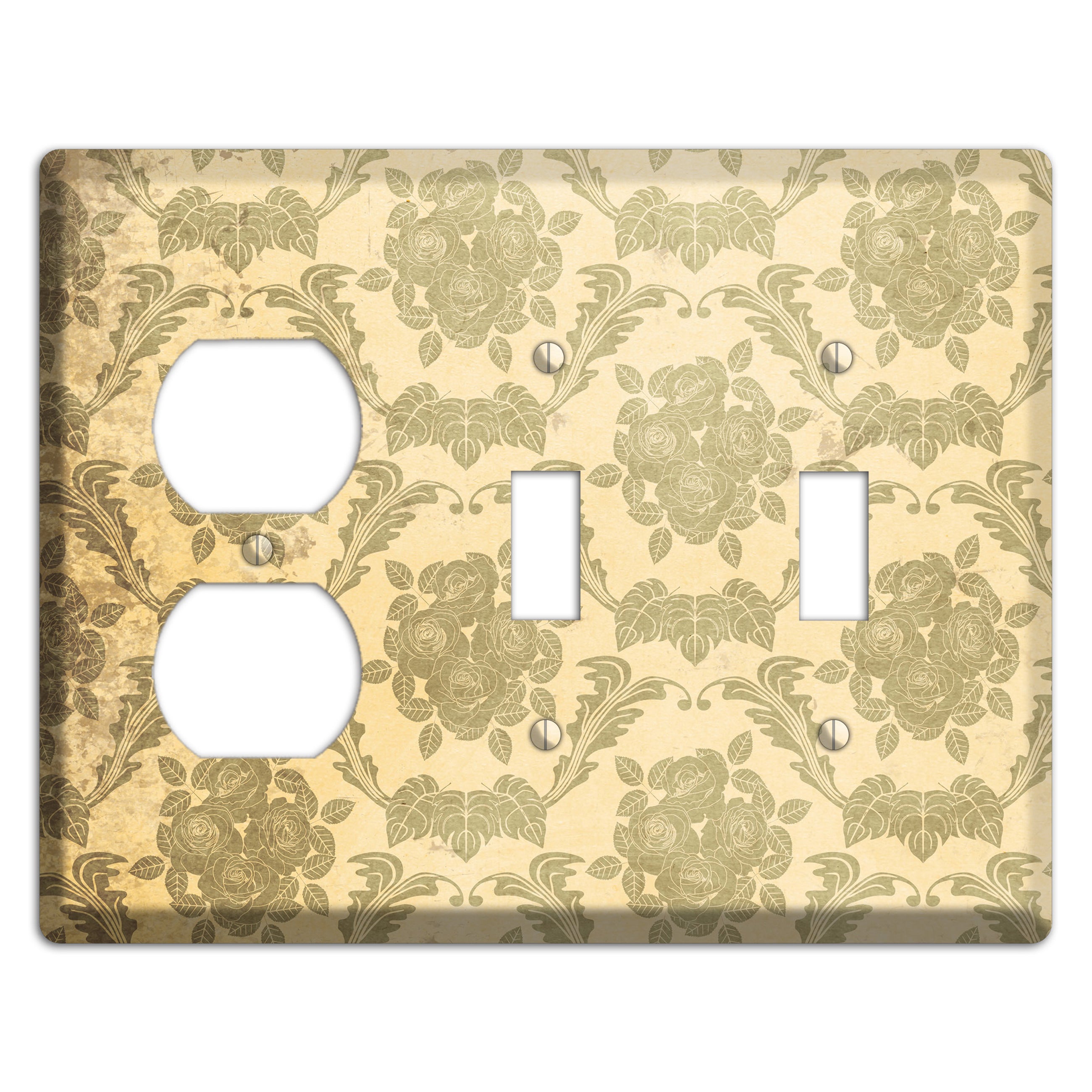 Straw Vintage Rose Damask Duplex / 2 Toggle Wallplate