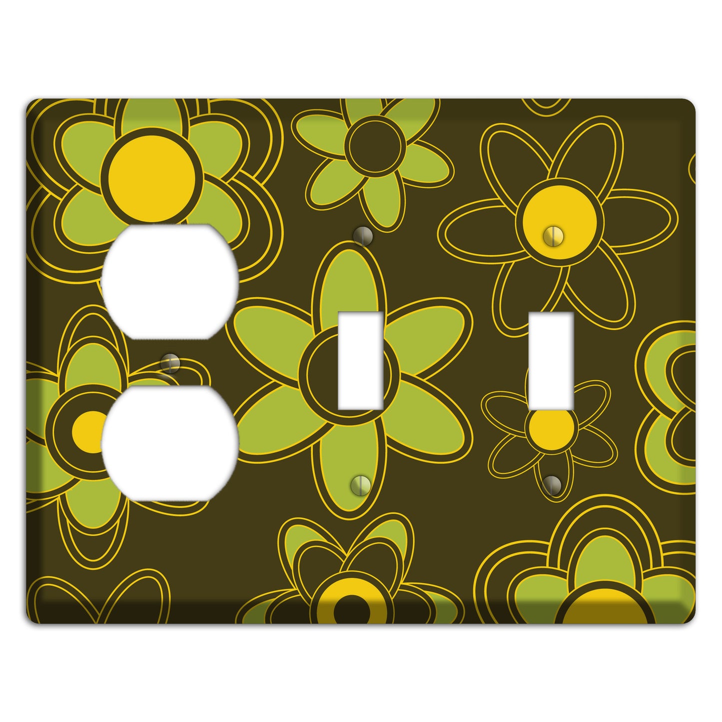 Brown with Lime Retro Floral Contour Duplex / 2 Toggle Wallplate