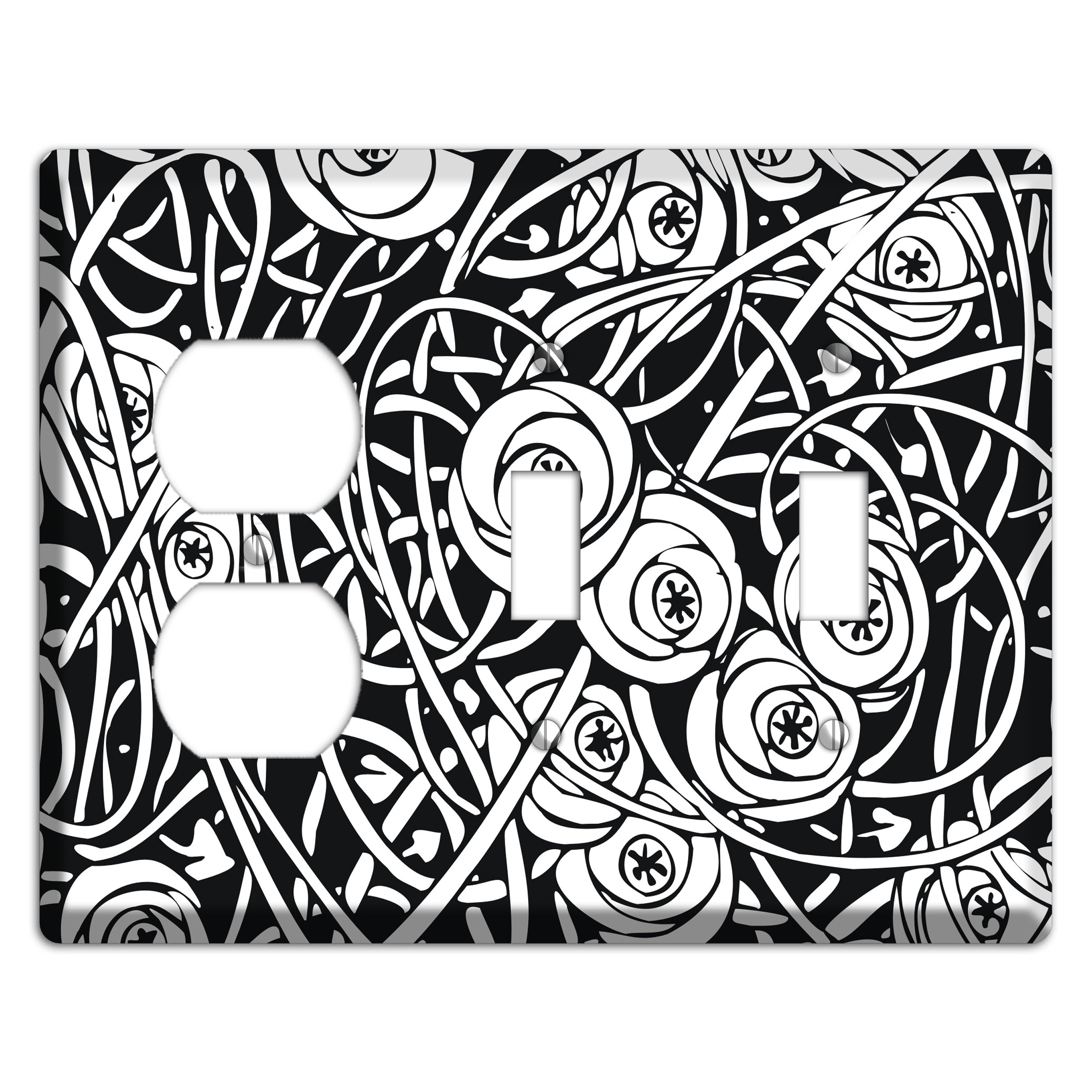 Black and White Deco Floral Duplex / 2 Toggle Wallplate