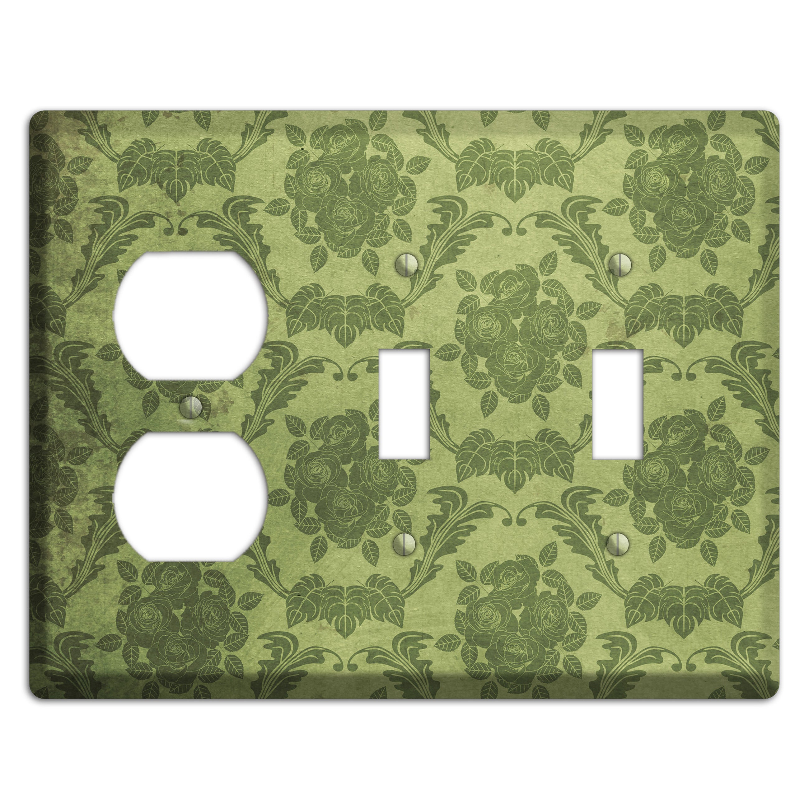 Green Smoke Vintage Rose Damask Duplex / 2 Toggle Wallplate