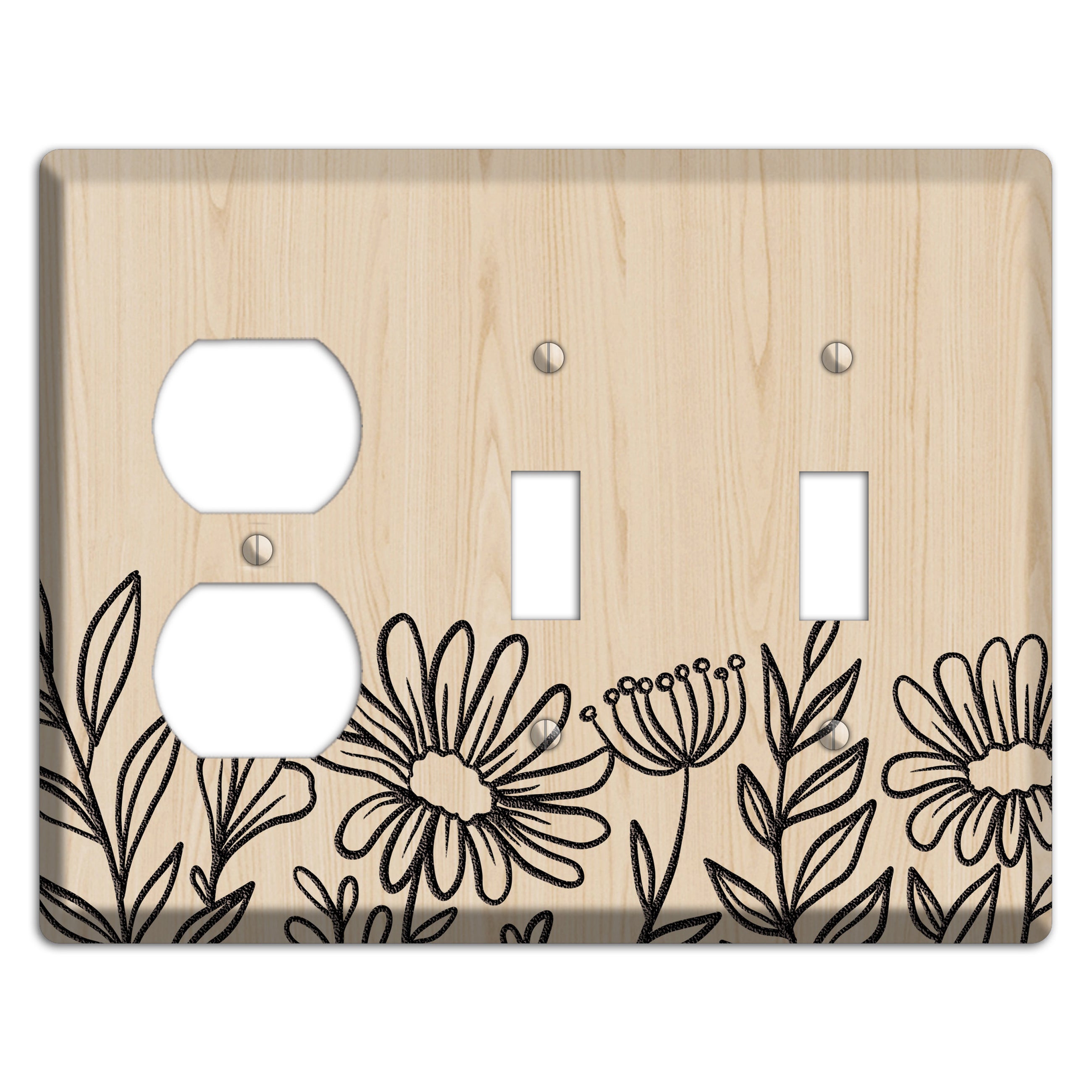 Hand-Drawn Floral 10 Wood Lasered Duplex / 2 Toggle Wallplate