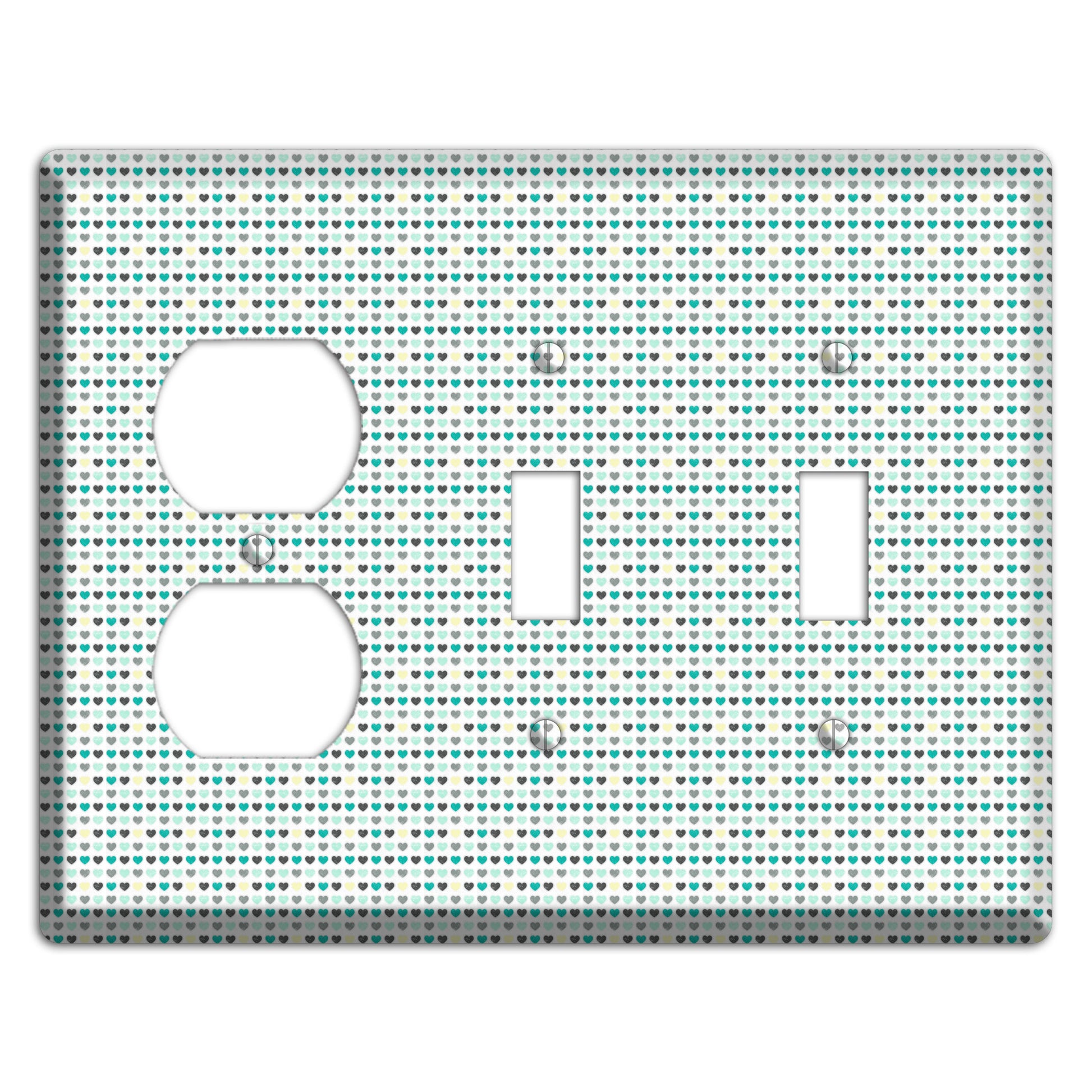 Multi Teal Grey Yellow Optical Hearts Duplex / 2 Toggle Wallplate
