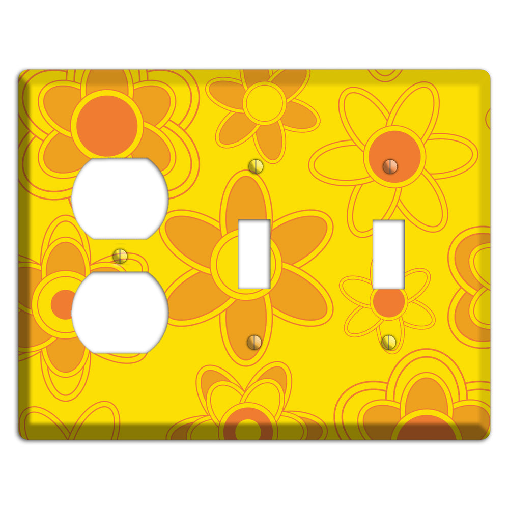 Yellow with Orange Retro Floral Contour Duplex / 2 Toggle Wallplate
