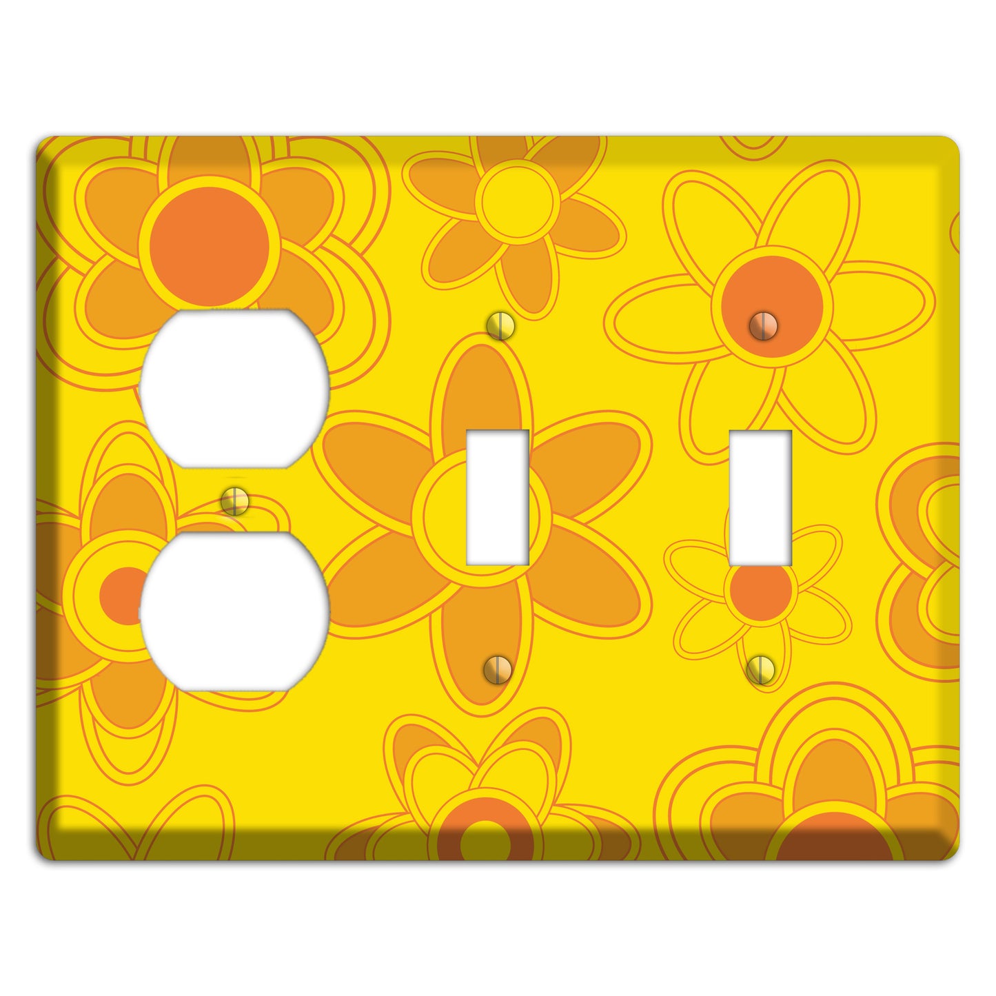Yellow with Orange Retro Floral Contour Duplex / 2 Toggle Wallplate