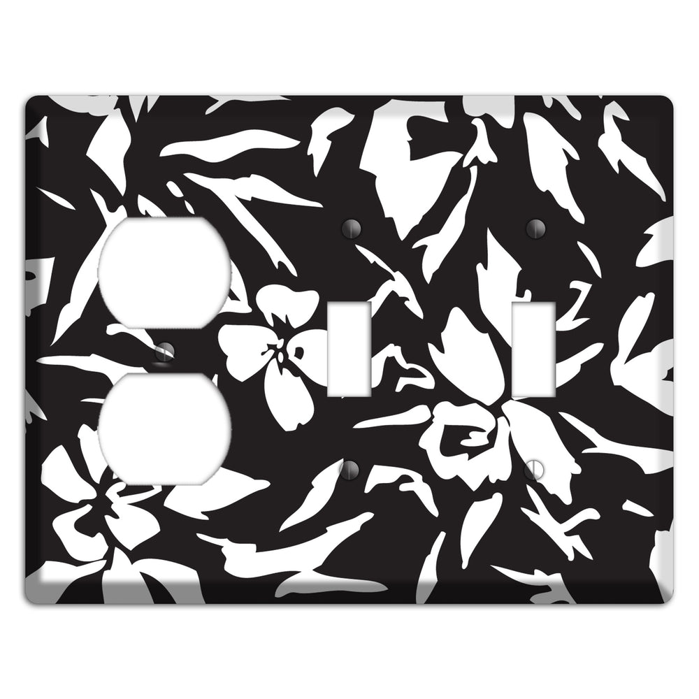 Black with White Woodcut Floral Duplex / 2 Toggle Wallplate