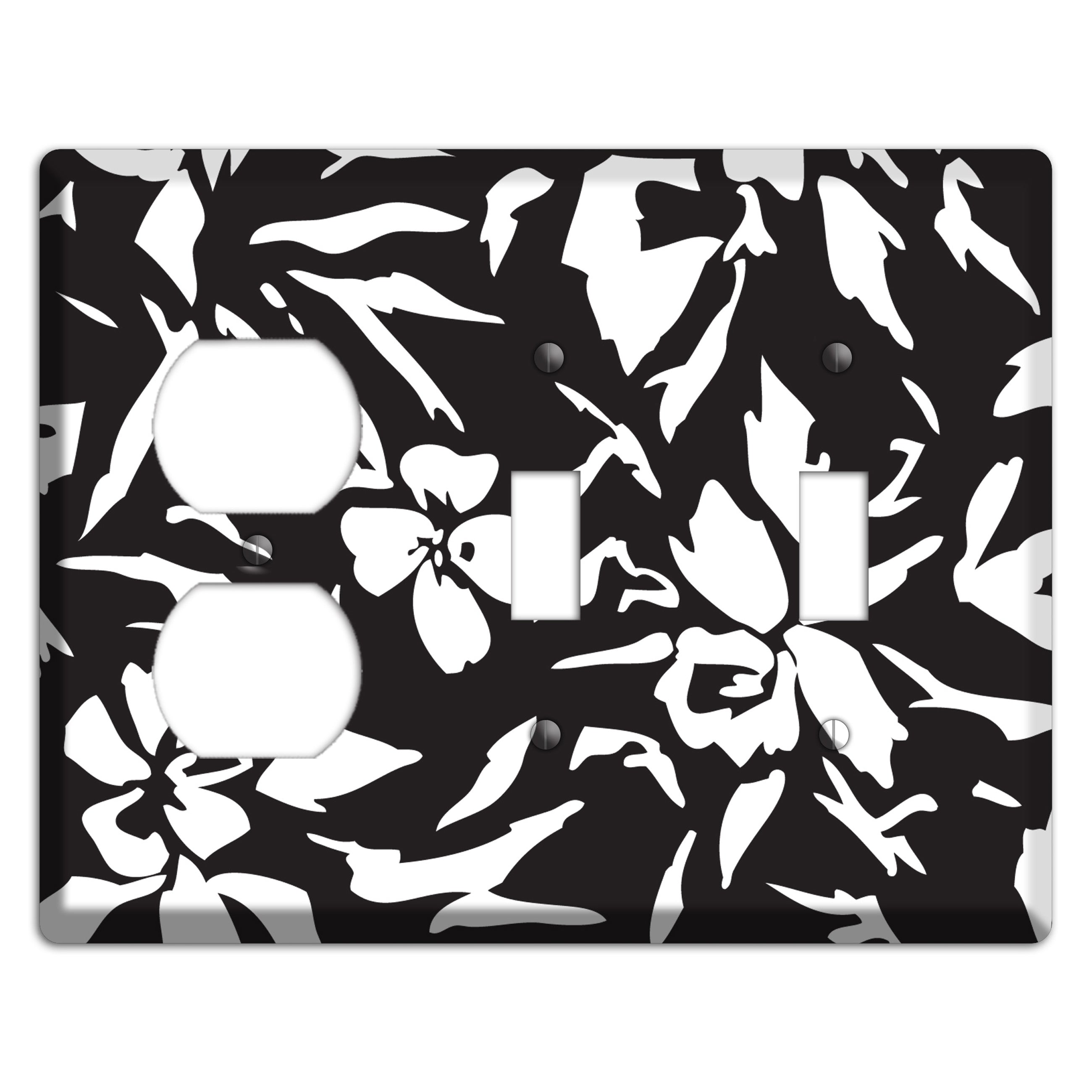 Black with White Woodcut Floral Duplex / 2 Toggle Wallplate