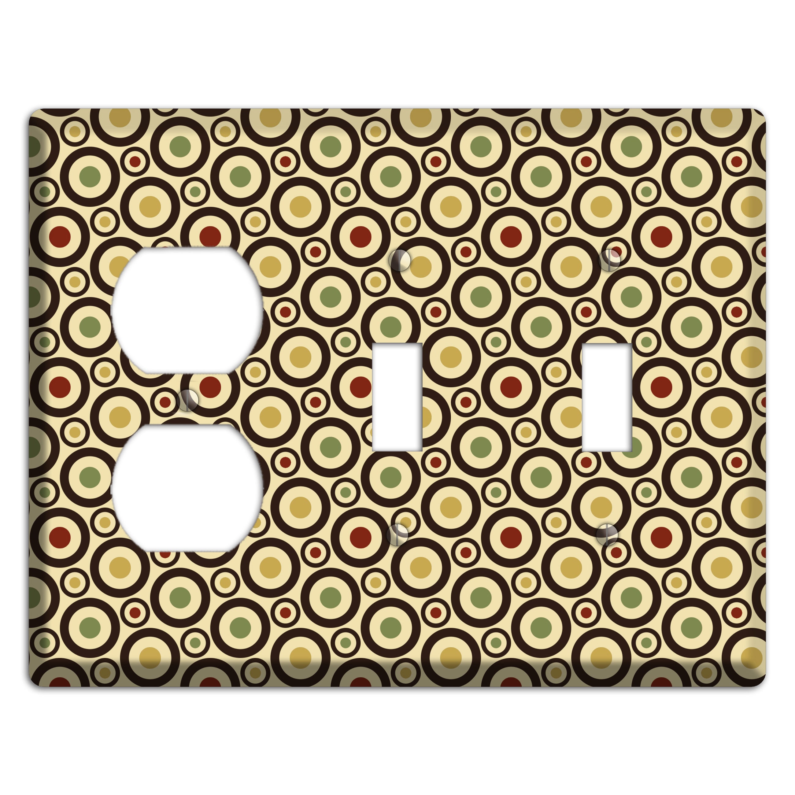 Beige with Olive Mustard Maroon Retro Tiny Bullseye Duplex / 2 Toggle Wallplate