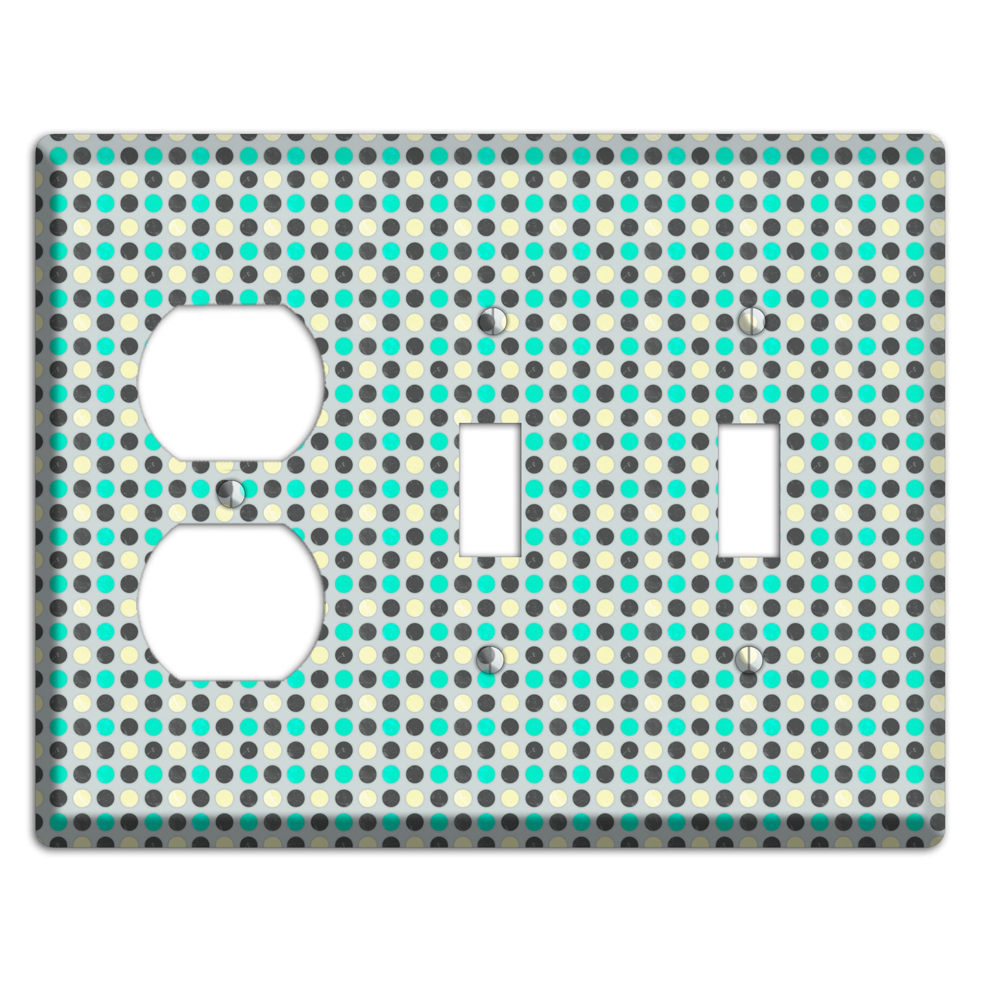 Grey with Black Off White and Turquoise Dots Duplex / 2 Toggle Wallplate