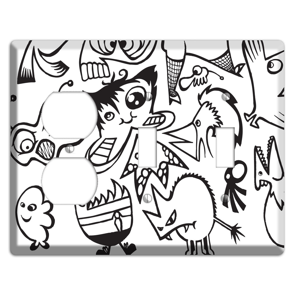 Black and White Whimsical Faces 3 Duplex / 2 Toggle Wallplate