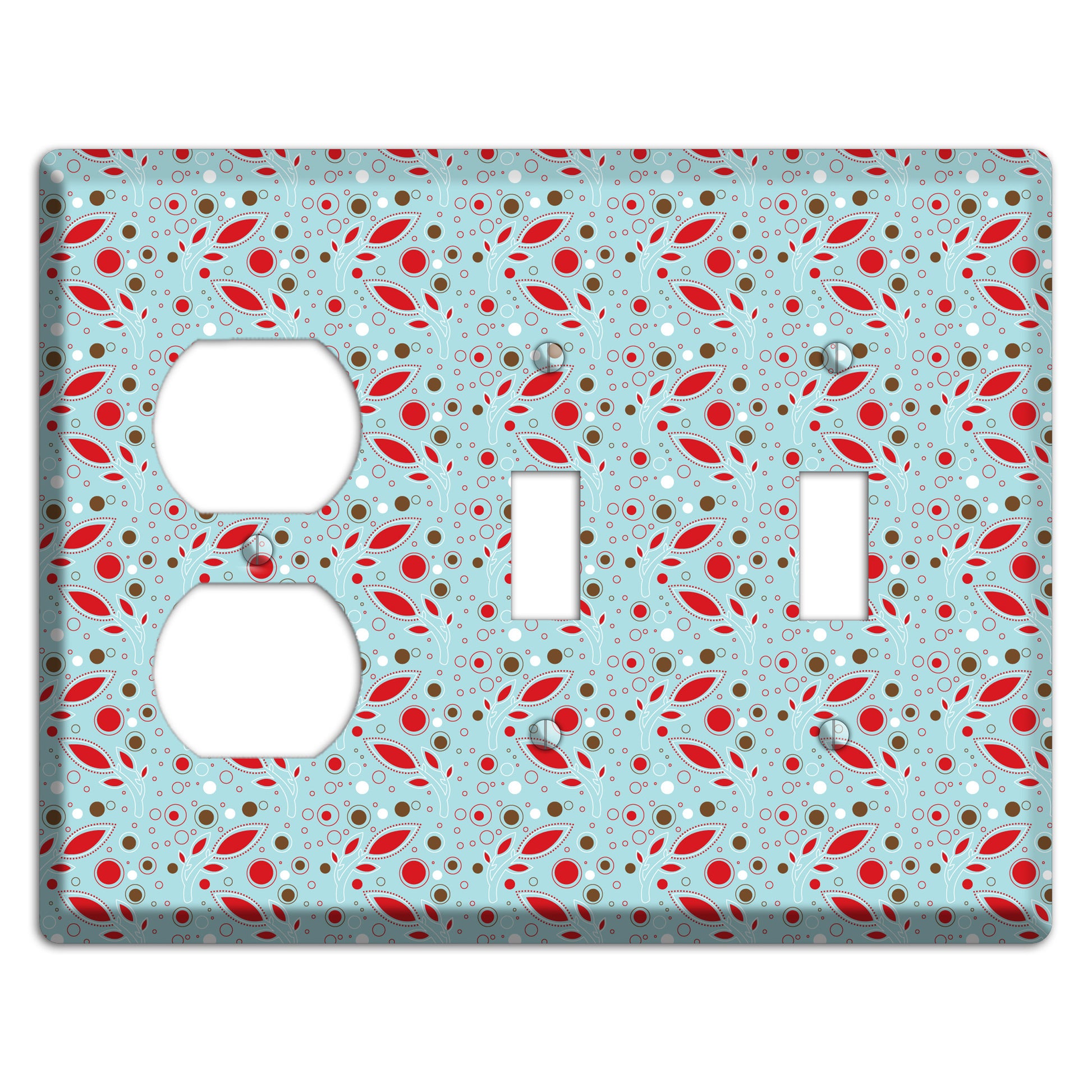 Dusty Blue with Red and Brown Retro Sprig Duplex / 2 Toggle Wallplate