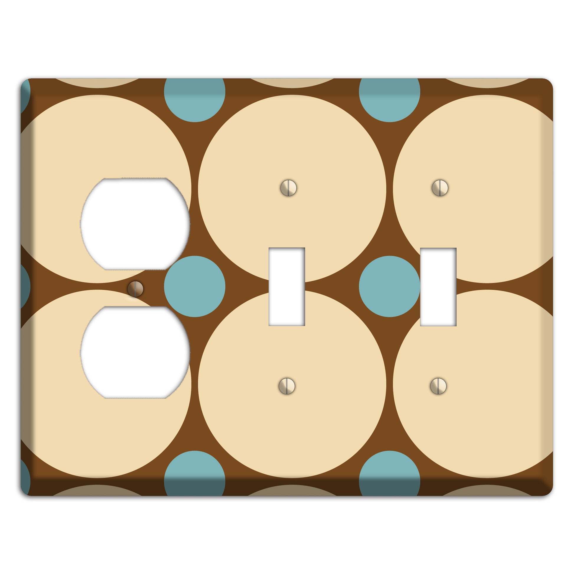Brown with Beige and Dusty Blue Multi Tiled Large Dots Duplex / 2 Toggle Wallplate