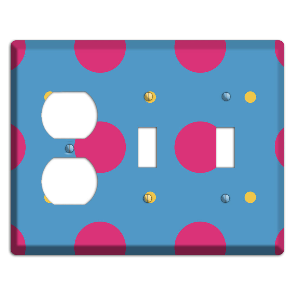 Blue with Pink and Yellow Multi Tiled Medium Dots Duplex / 2 Toggle Wallplate