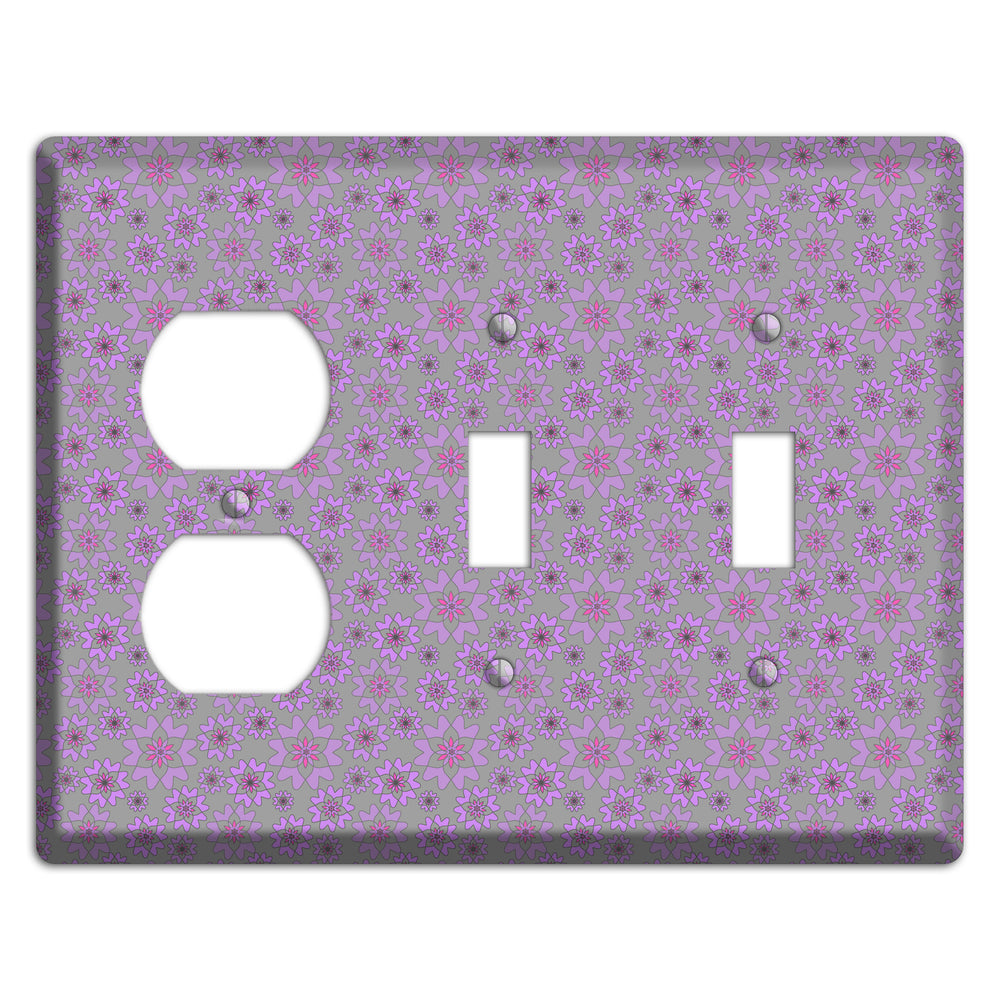 Grey with Tiny Purple Retro Suzani Duplex / 2 Toggle Wallplate