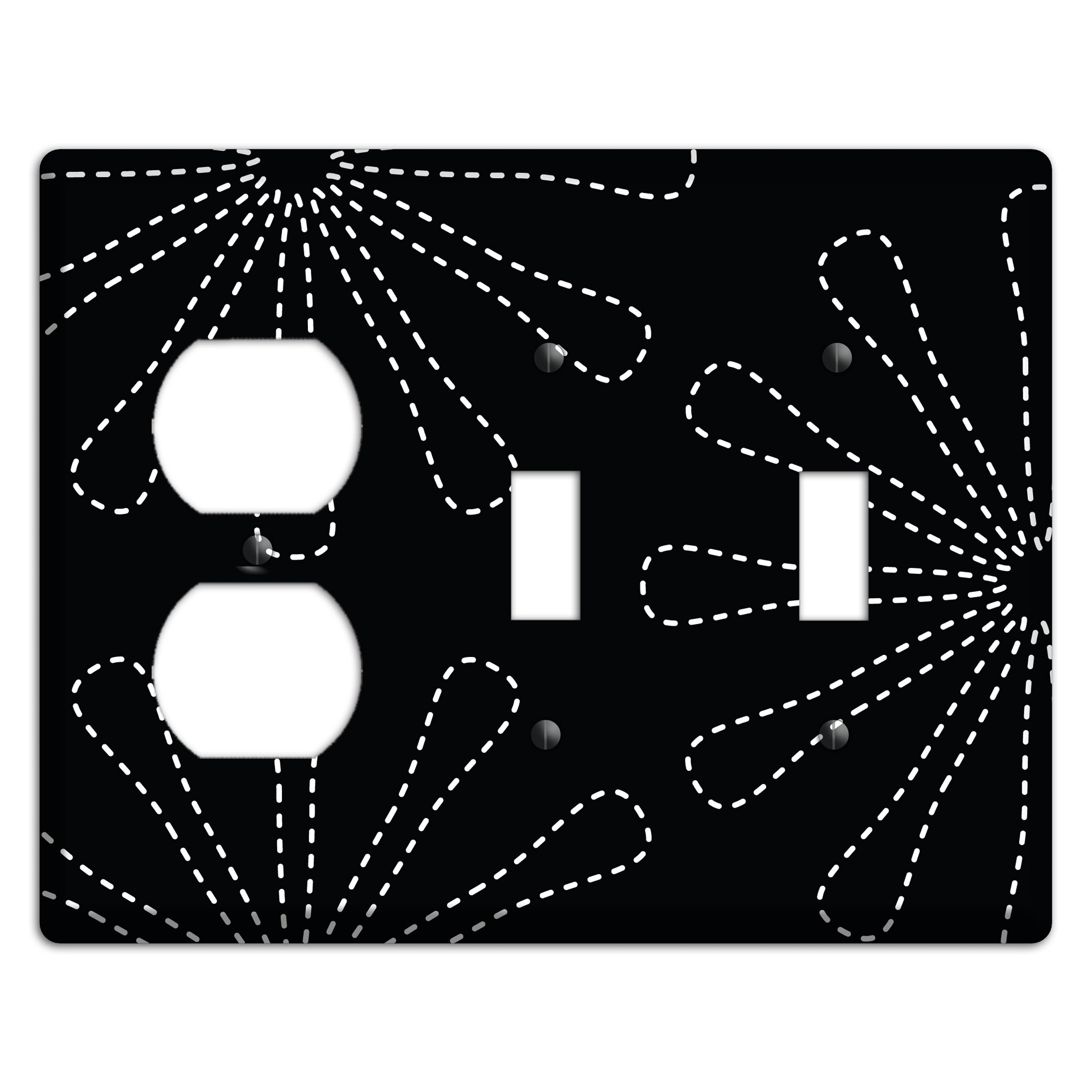 Black with White Retro Stipple Floral Contour Duplex / 2 Toggle Wallplate