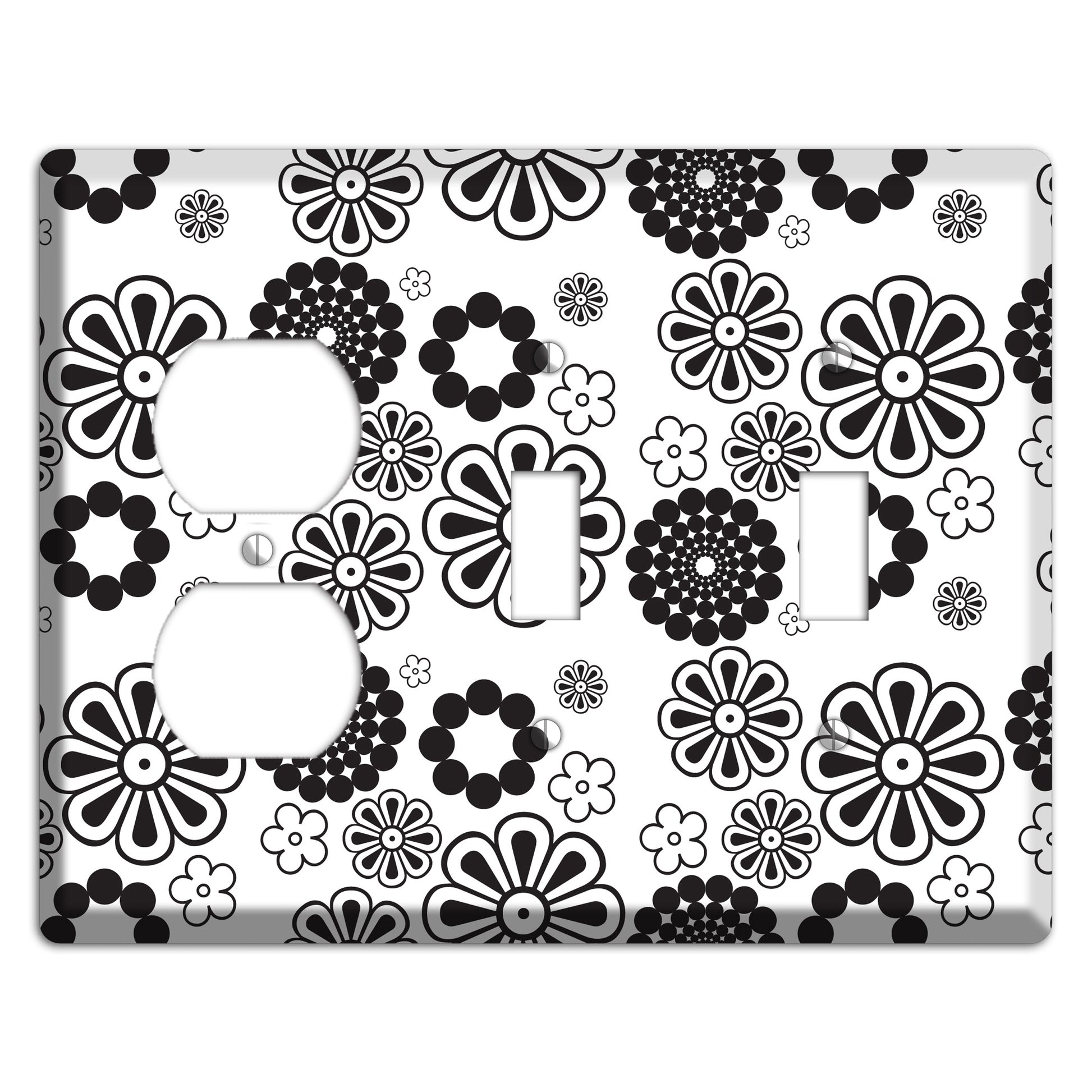 White With Black Retro Floral Contour Duplex / 2 Toggle Wallplate