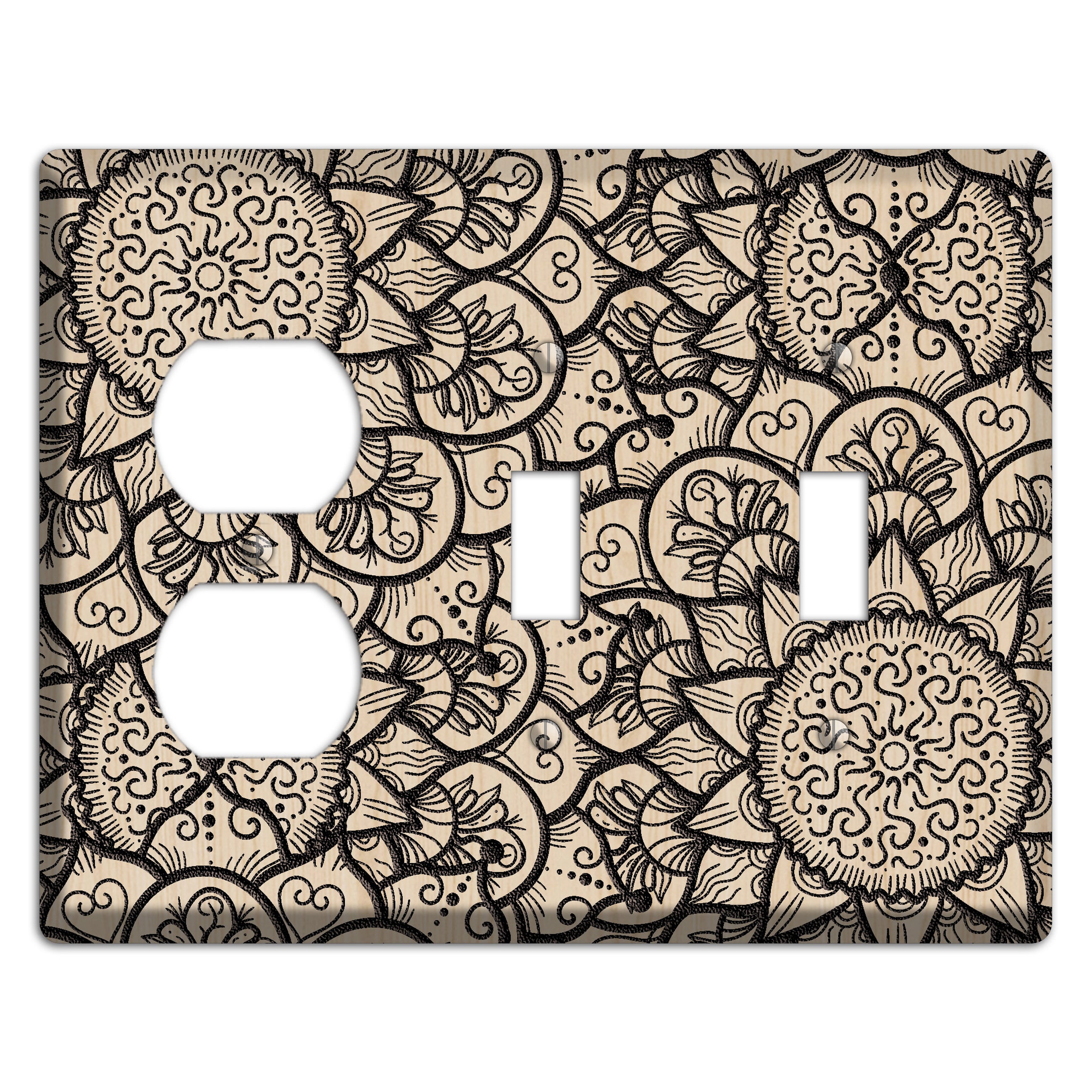 Mandala Black and White Style W Wood Lasered Duplex / 2 Toggle Wallplate