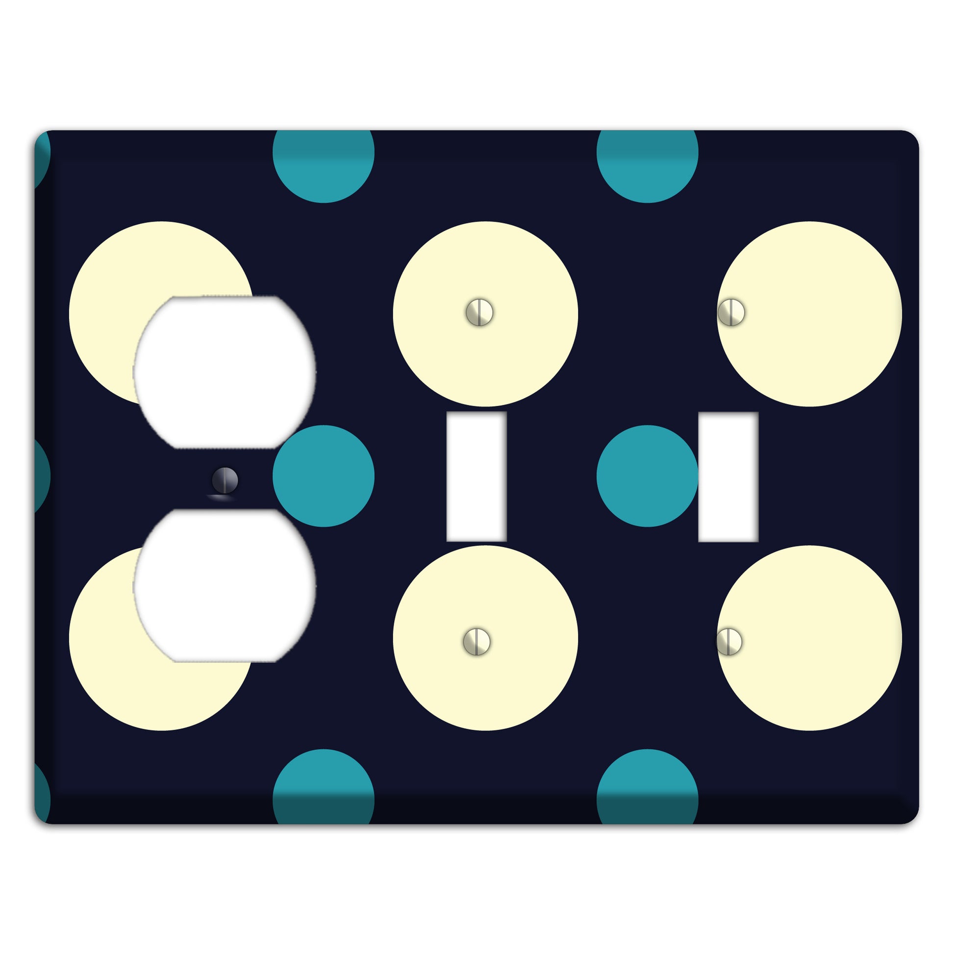 Black with Yellow and Teal Multi Medium Polka Dots Duplex / 2 Toggle Wallplate