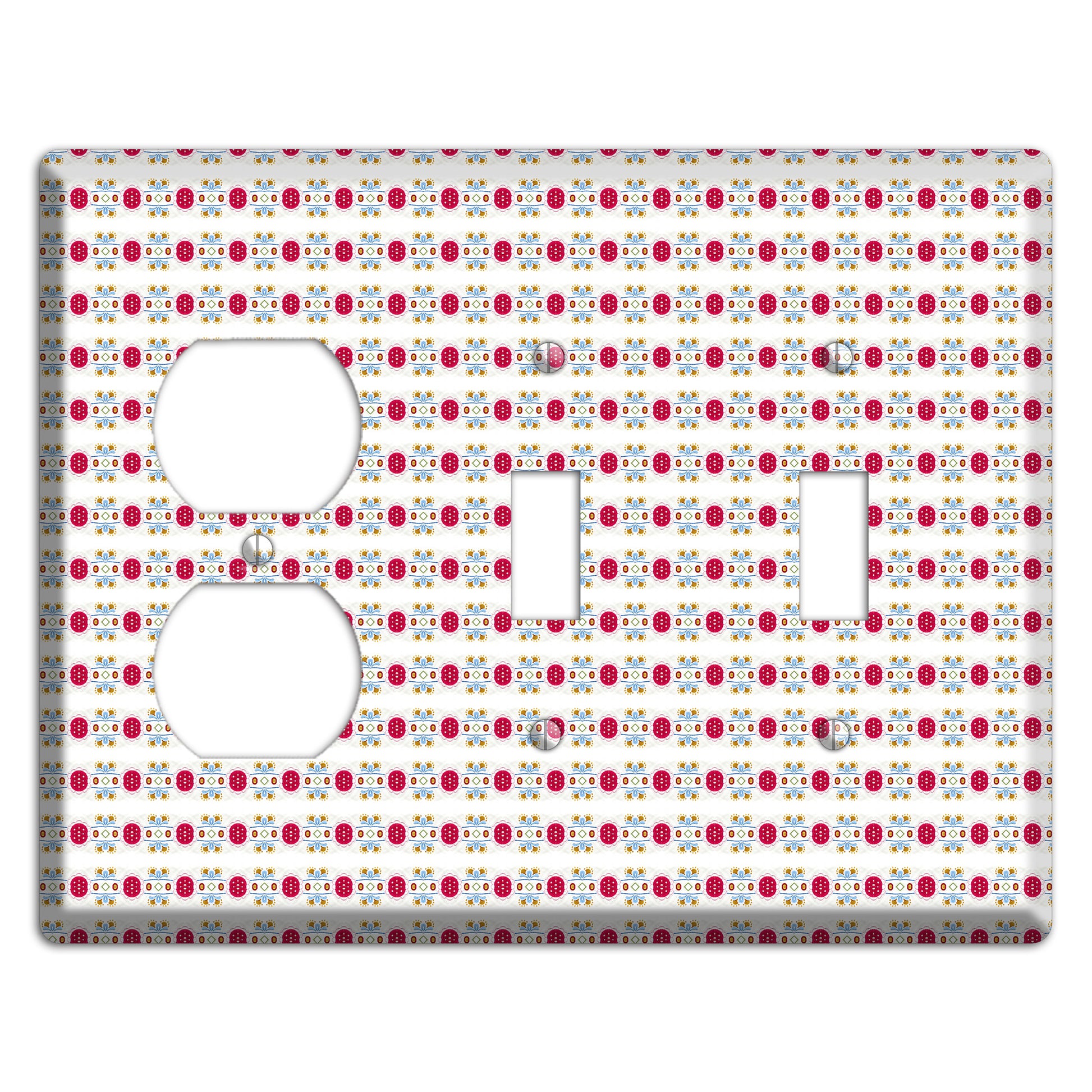 Off White with Red Blue Olive Tapestry Duplex / 2 Toggle Wallplate