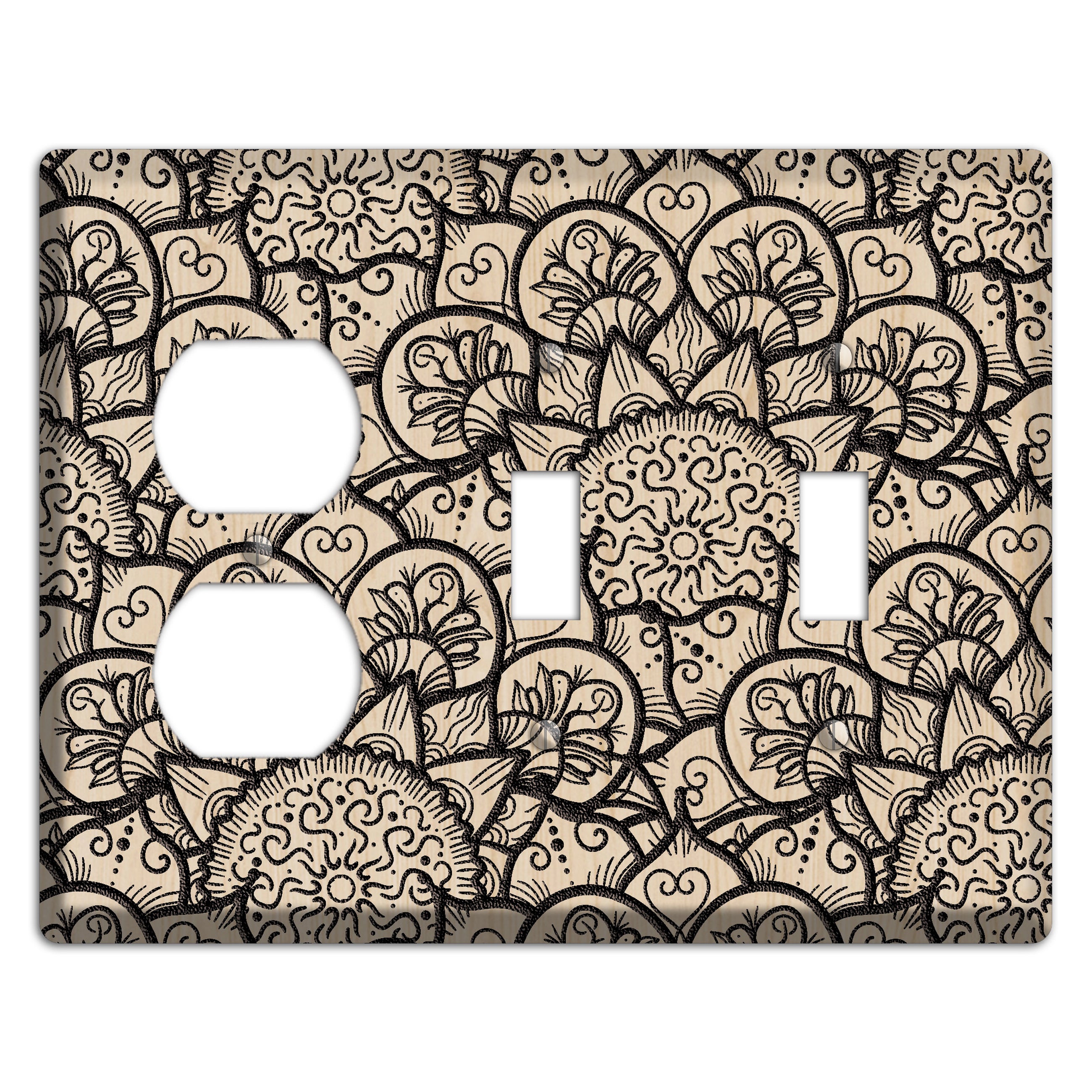 Mandala Black and White Style N Wood Lasered Duplex / 2 Toggle Wallplate