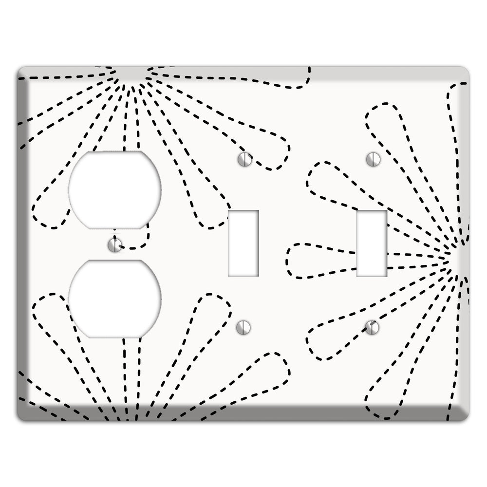 White with Black Retro Stipple Floral Contour Duplex / 2 Toggle Wallplate