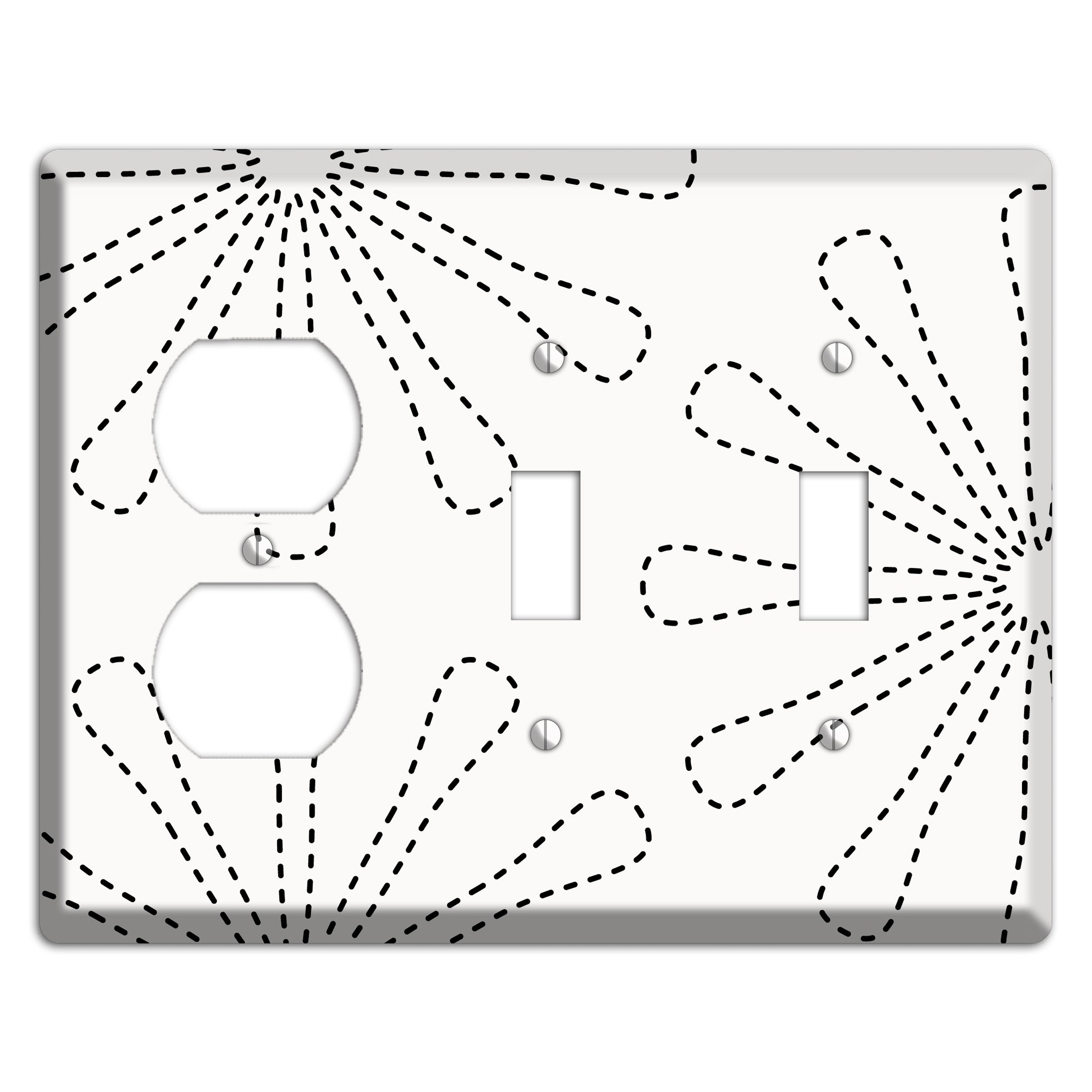 White with Black Retro Stipple Floral Contour Duplex / 2 Toggle Wallplate