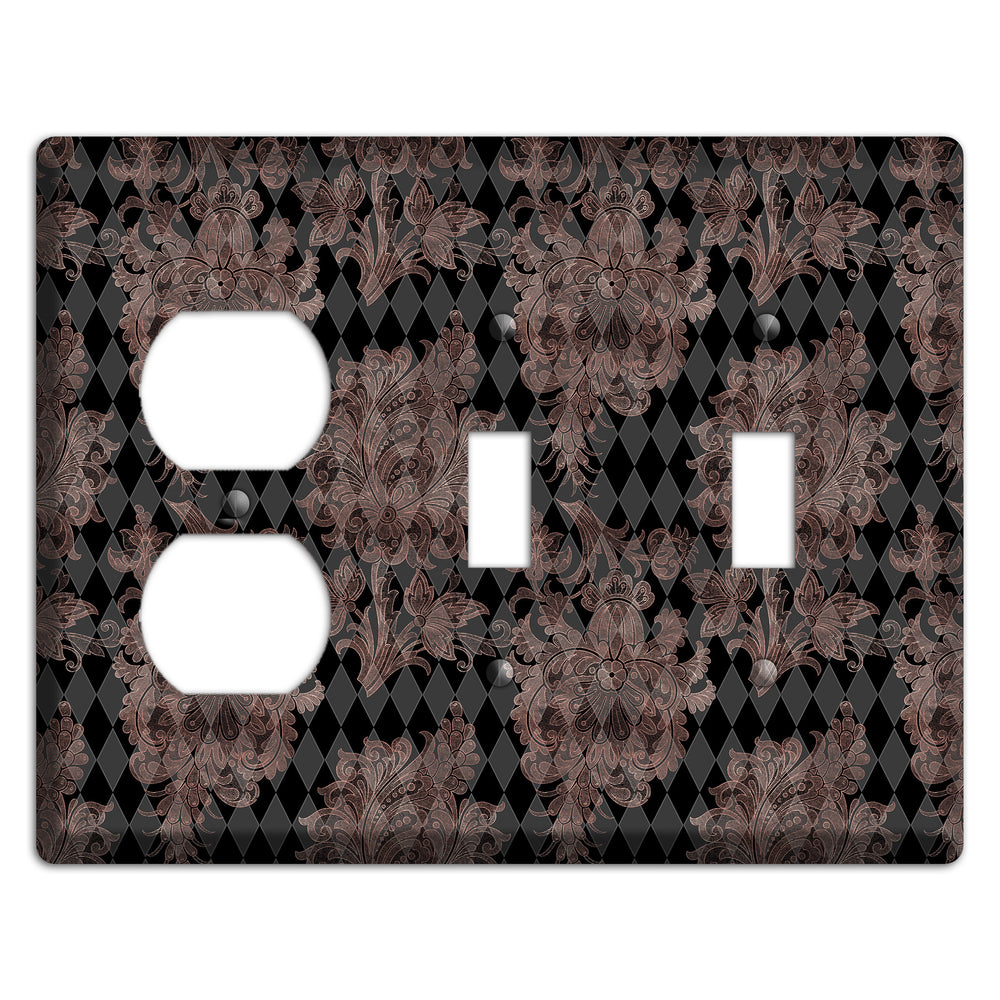 Black and Rose Ornate Diamond Duplex / 2 Toggle Wallplate