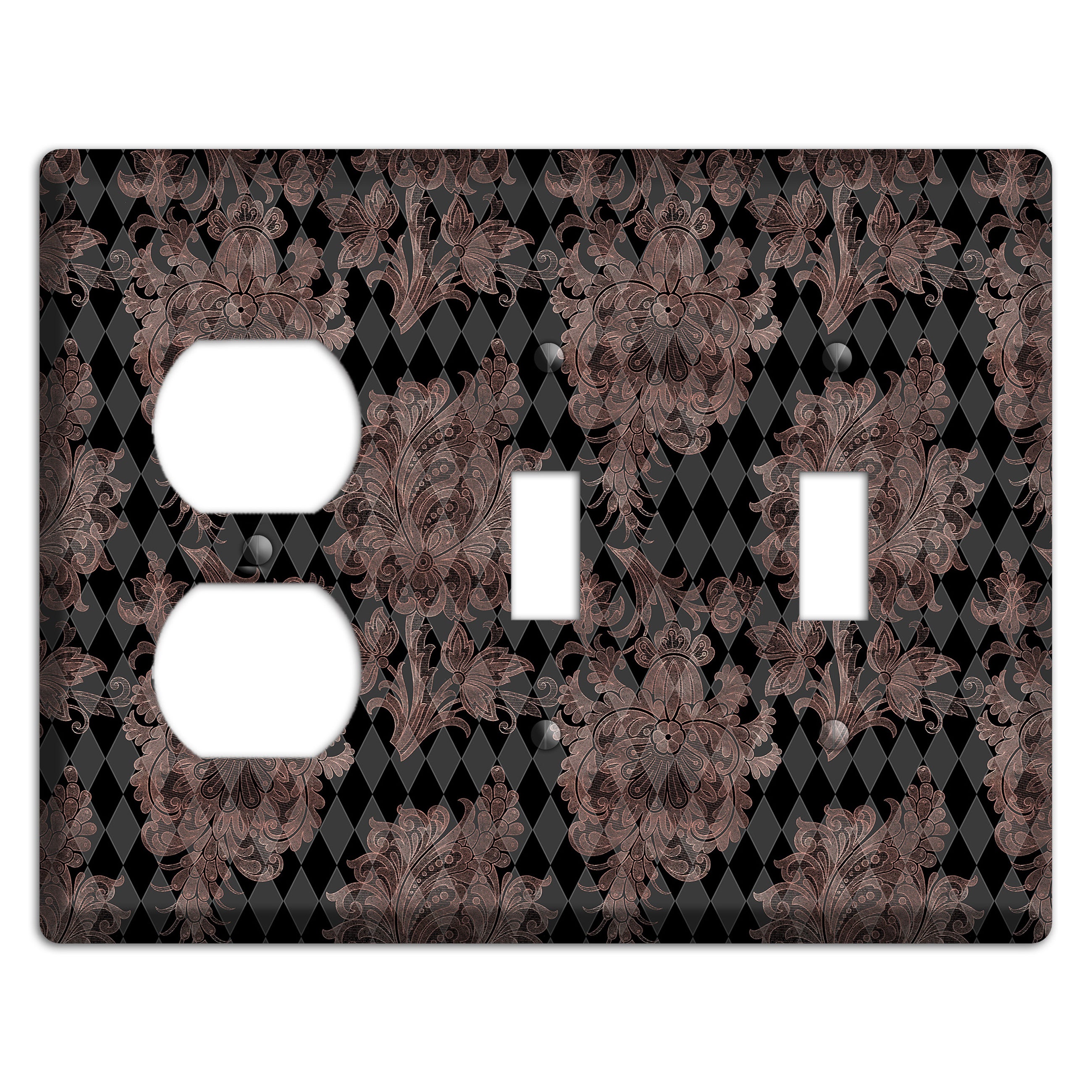 Black and Rose Ornate Diamond Duplex / 2 Toggle Wallplate