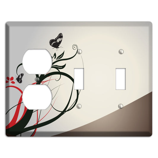 Grey and Red Floral Sprig with Butterfly Duplex / 2 Toggle Wallplate