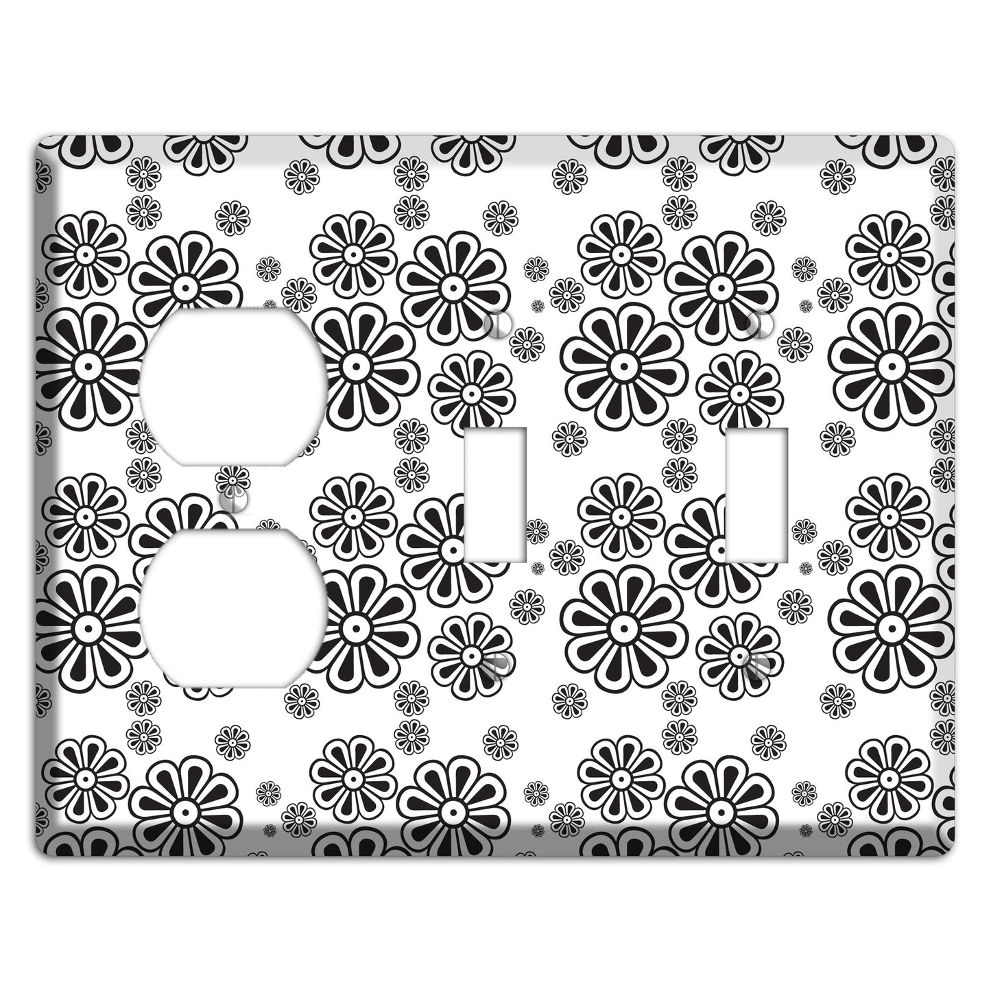White With Black Small Retro Floral Contour Duplex / 2 Toggle Wallplate