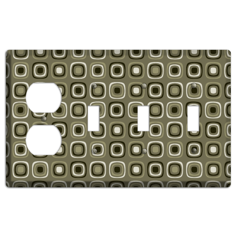 Multi Olive and Brown Retro Squares Duplex / 3 Toggle Wallplate
