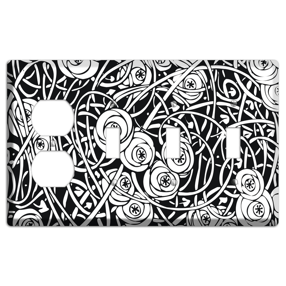 Black and White Deco Floral Duplex / 3 Toggle Wallplate