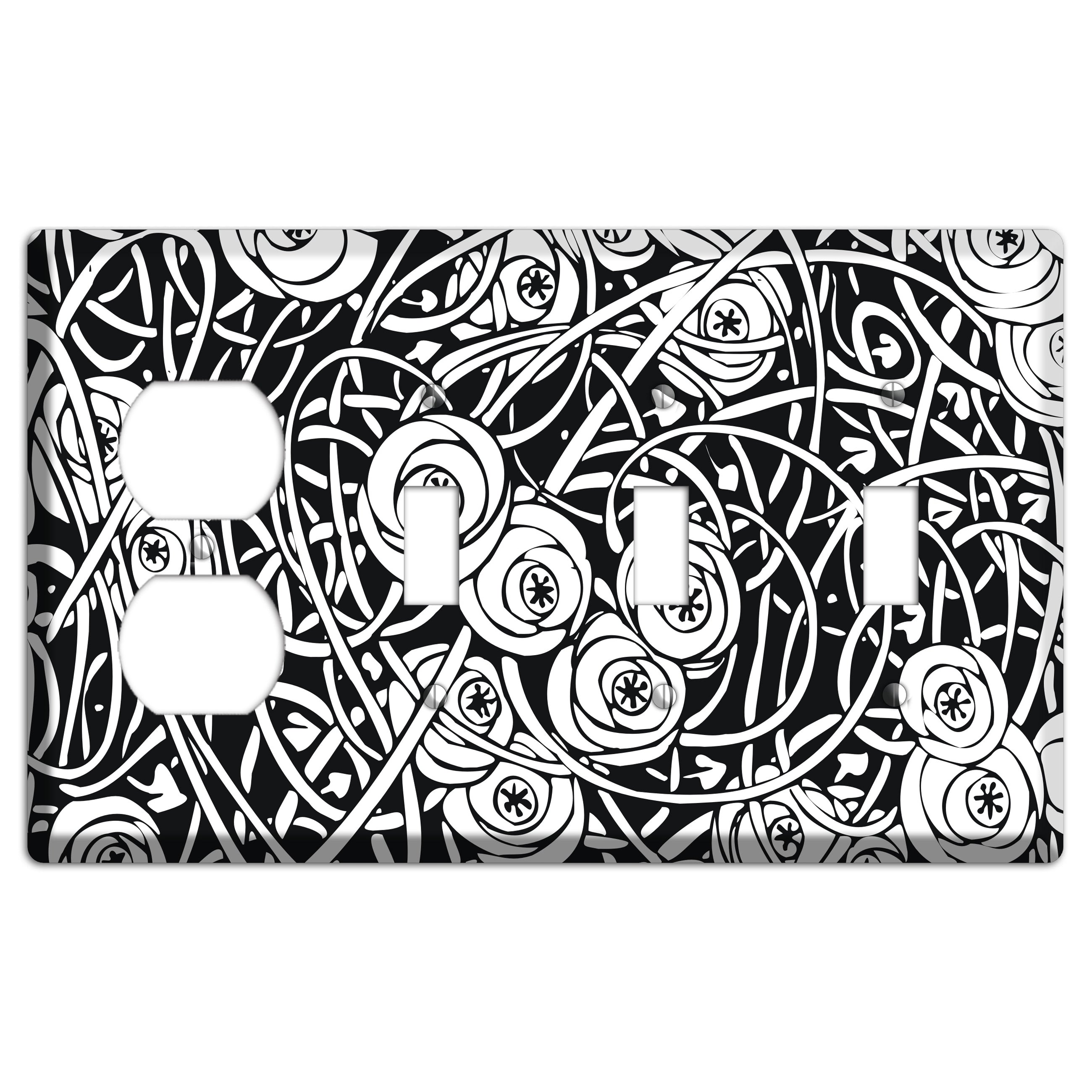 Black and White Deco Floral Duplex / 3 Toggle Wallplate