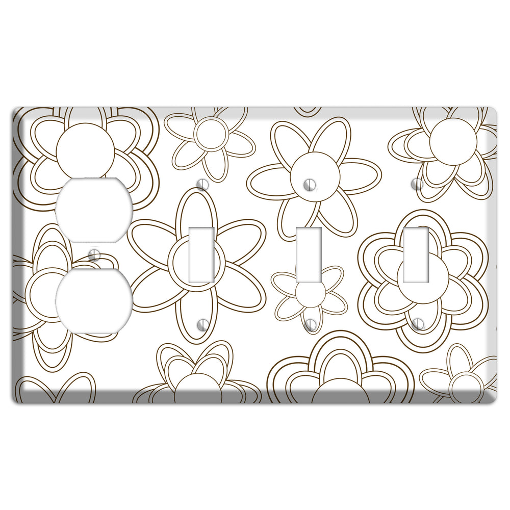 White with Retro Floral Contour Duplex / 3 Toggle Wallplate