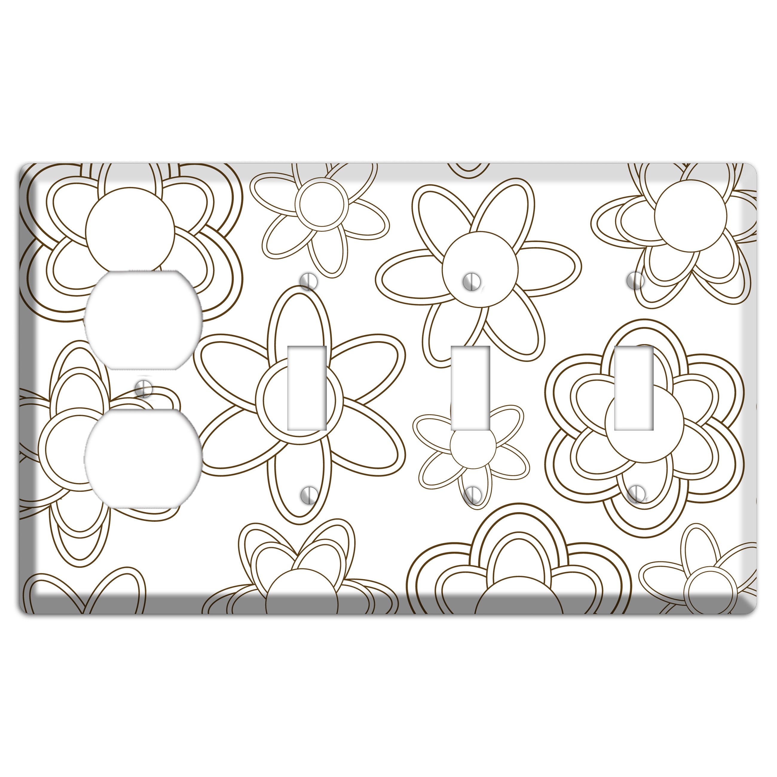 White with Retro Floral Contour Duplex / 3 Toggle Wallplate