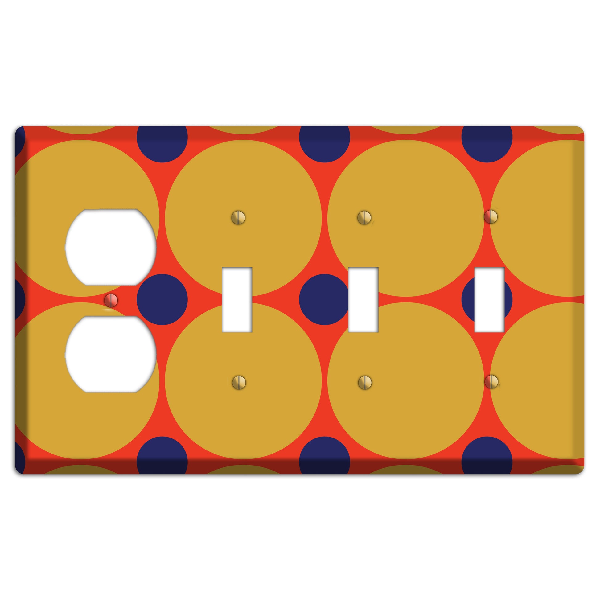 Red with Mustard and Blue Multi Tiled Large Dots Duplex / 3 Toggle Wallplate