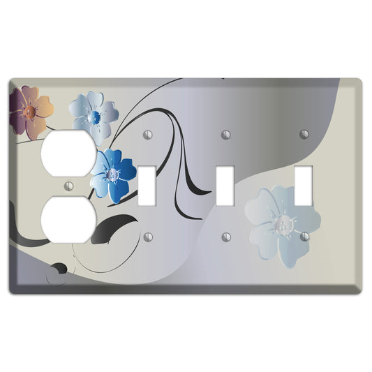 Grey and Blue Floral Sprig Duplex / 3 Toggle Wallplate